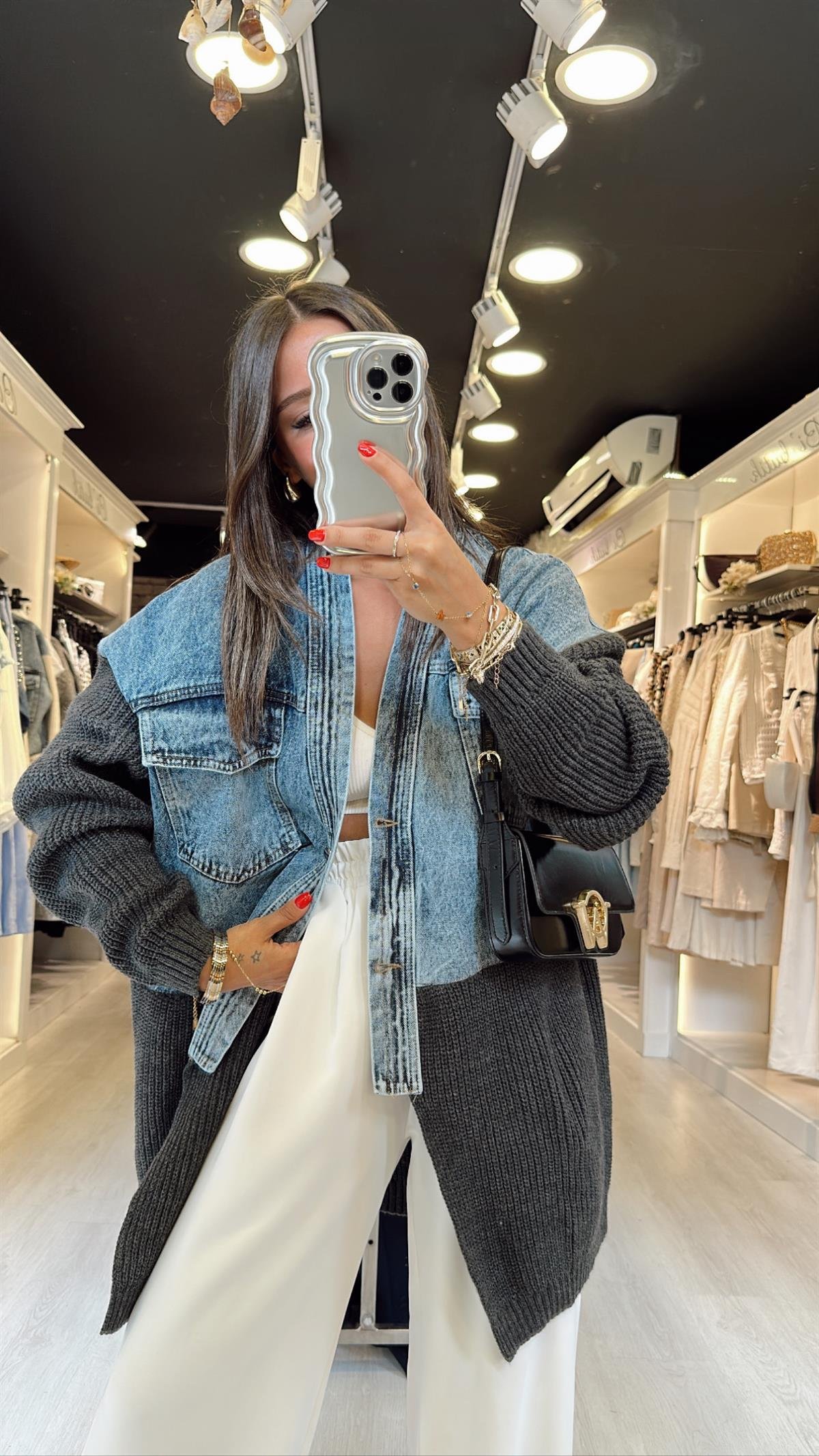 Antrasit Jean Detaylı Cepli Hırka 