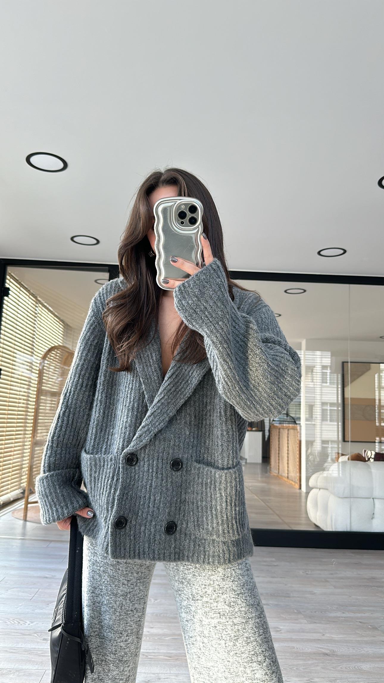 Antrasit Kruvaze Yaka Düğmeli Triko Hırka 