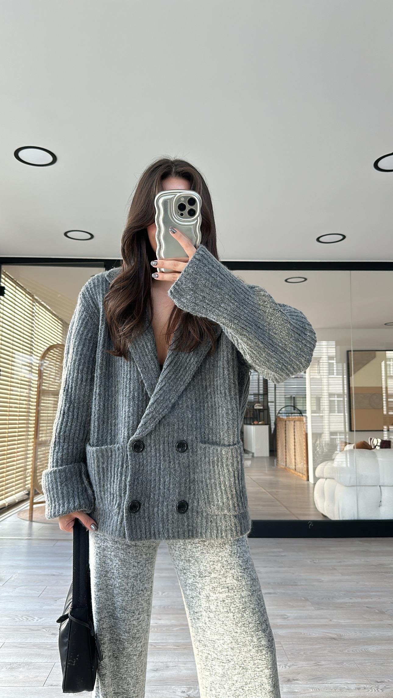 Antrasit Kruvaze Yaka Düğmeli Triko Hırka 