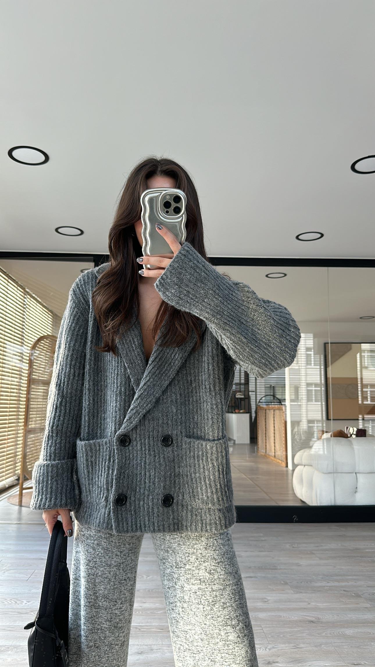 Antrasit Kruvaze Yaka Düğmeli Triko Hırka 