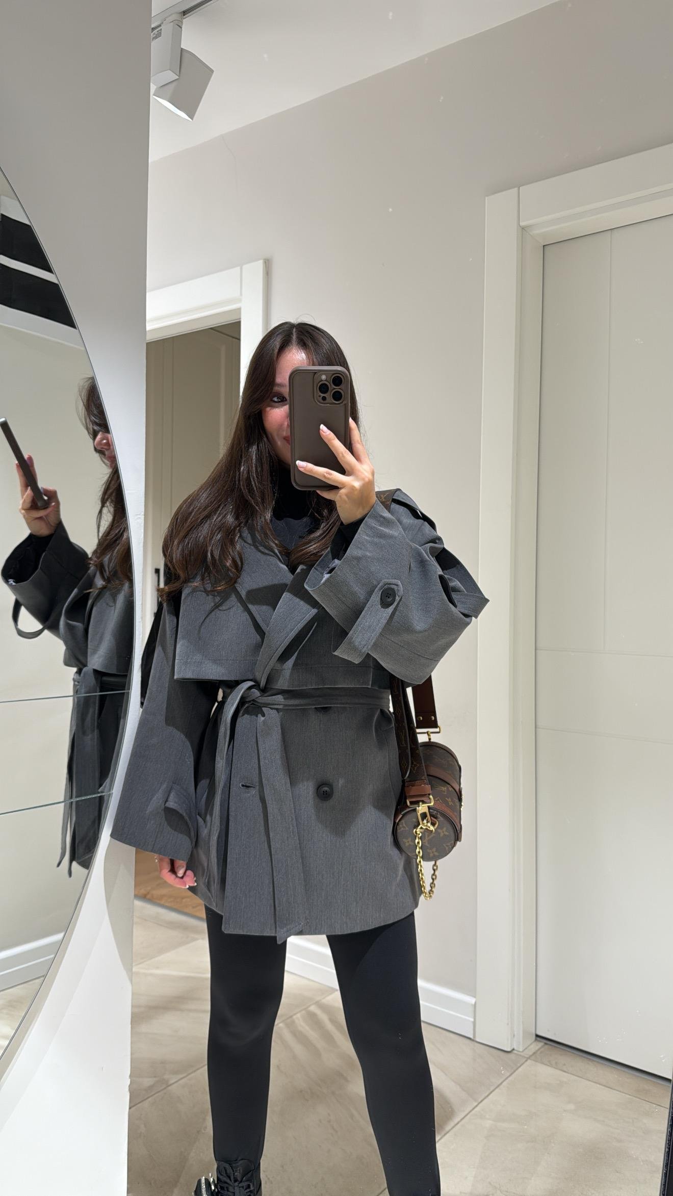 Antrasit Kuşaklı Oversize Kısa Trenç