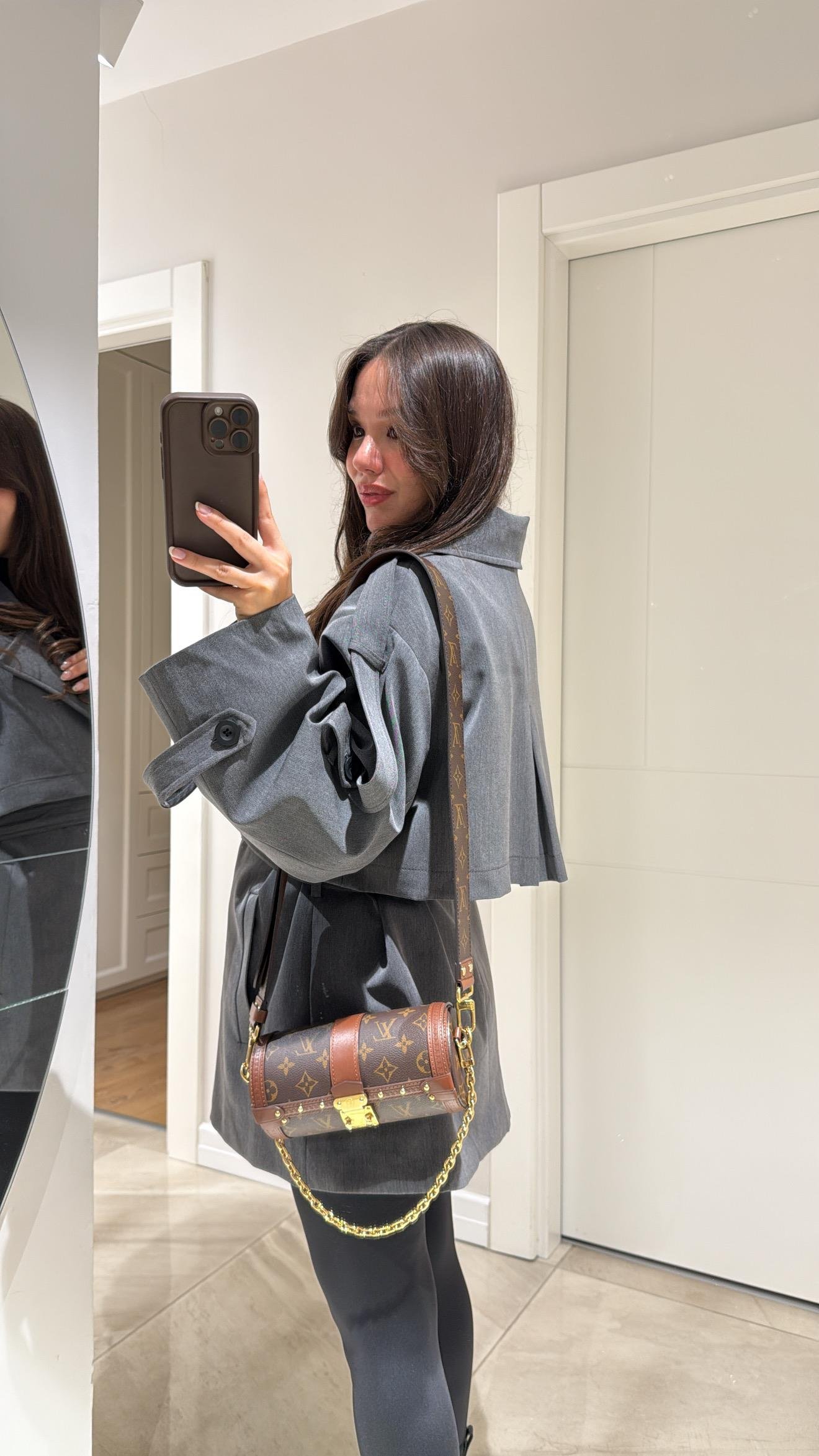 Antrasit Kuşaklı Oversize Kısa Trenç