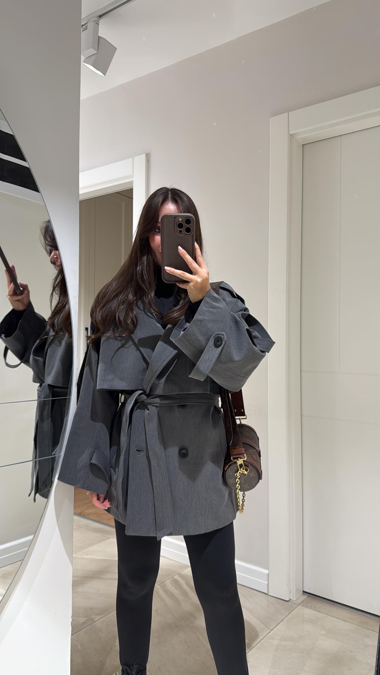 Antrasit Kuşaklı Oversize Kısa Trenç