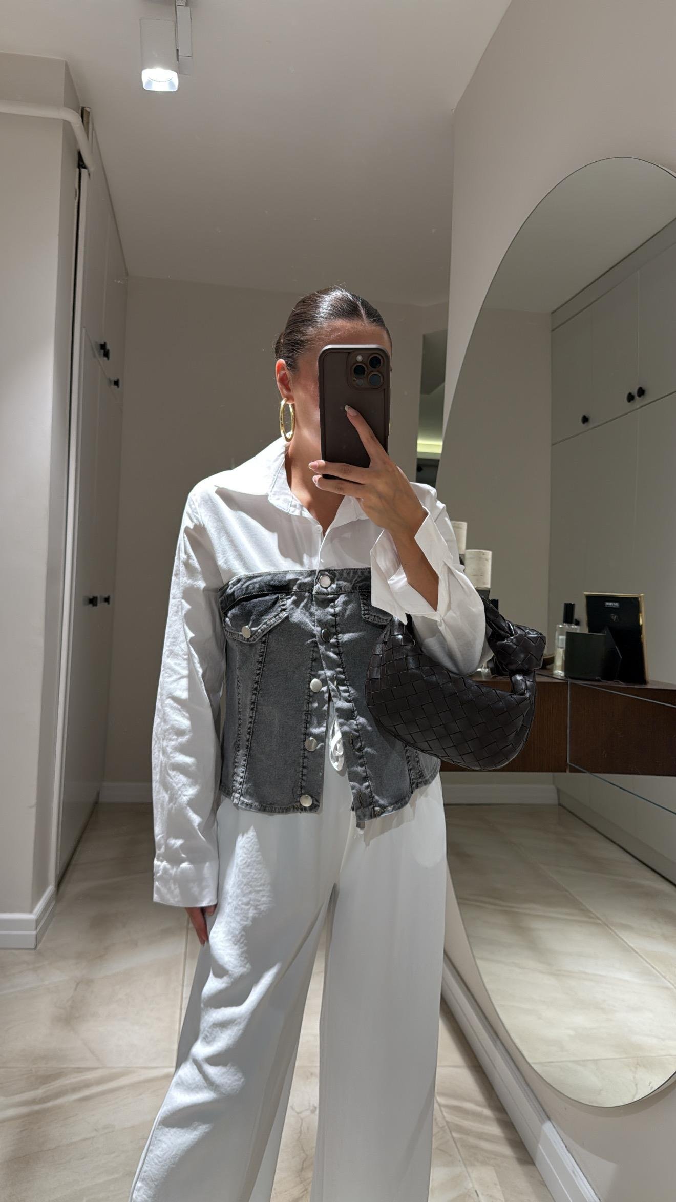 Antrasit Ön Cep Detaylı Gömlekli Jean Bluz 