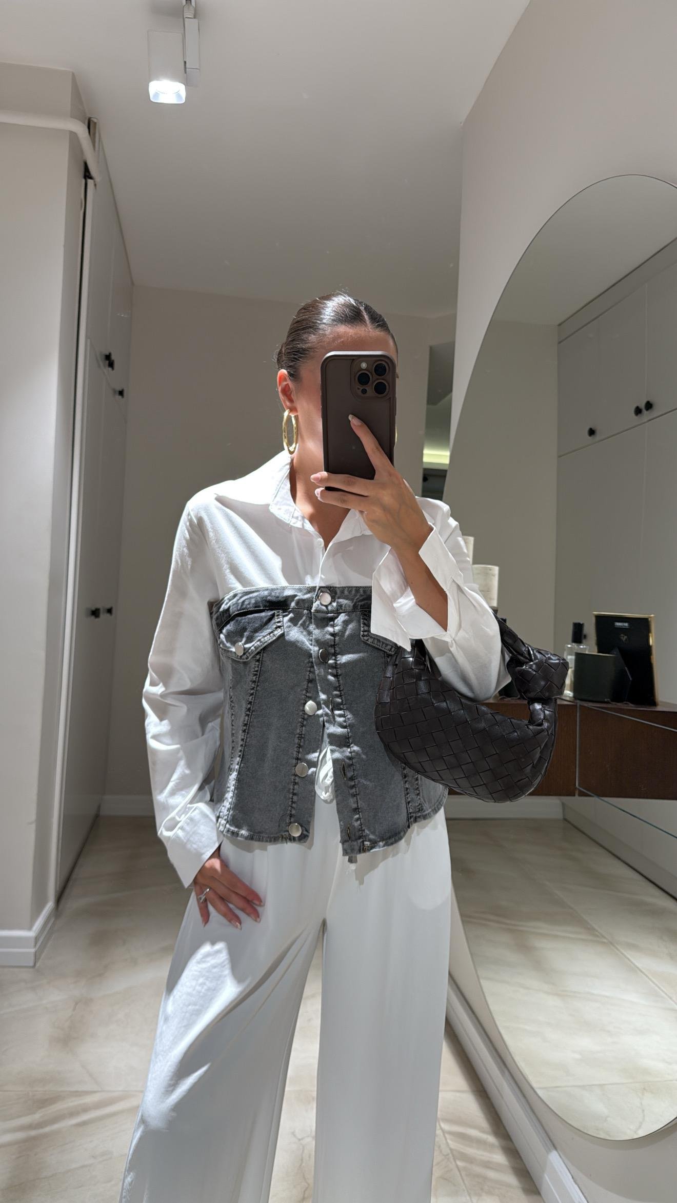 Antrasit Ön Cep Detaylı Gömlekli Jean Bluz 