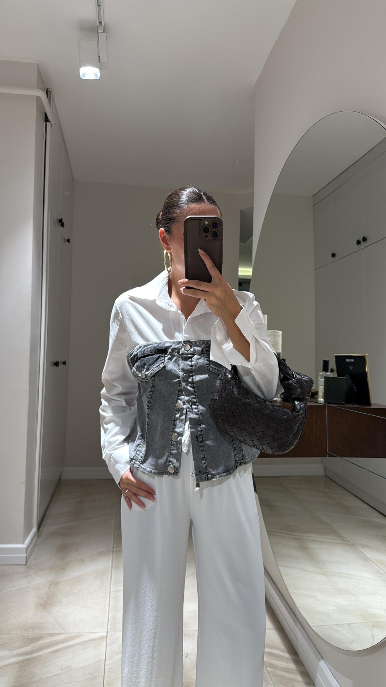 Antrasit Ön Cep Detaylı Gömlekli Jean Bluz 