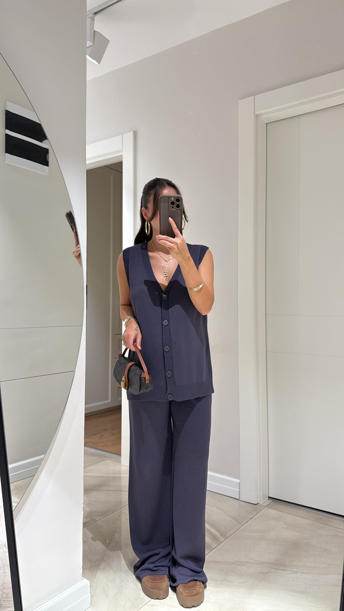 Antrasit Ön Düğmeli Yelekli Örme Takım