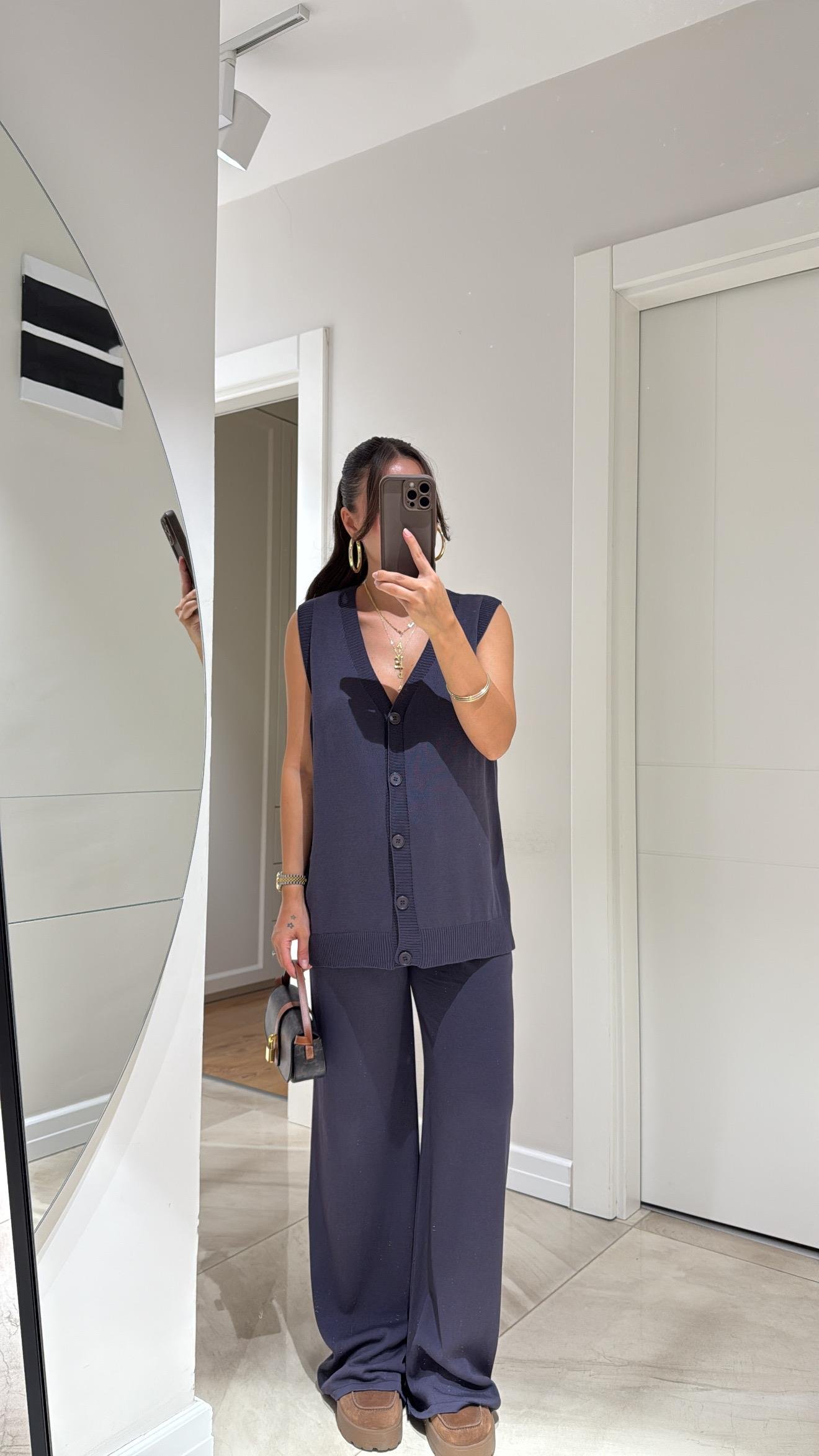 Antrasit Ön Düğmeli Yelekli Örme Takım