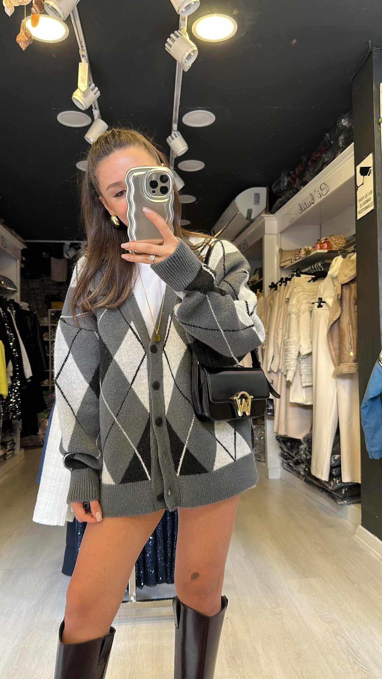 Antrasit Siyah Baklava Desen Düğmeli Hırka 