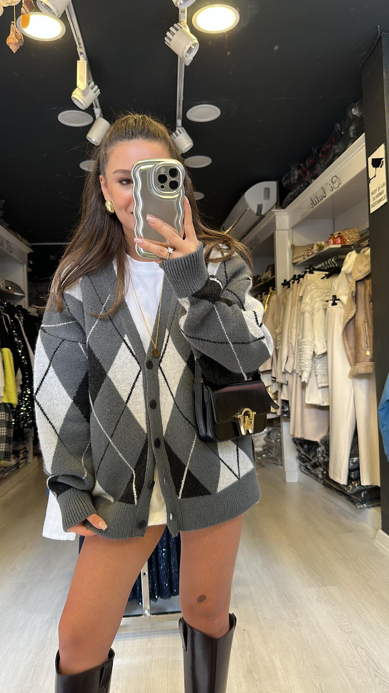 Antrasit Siyah Baklava Desen Düğmeli Hırka 