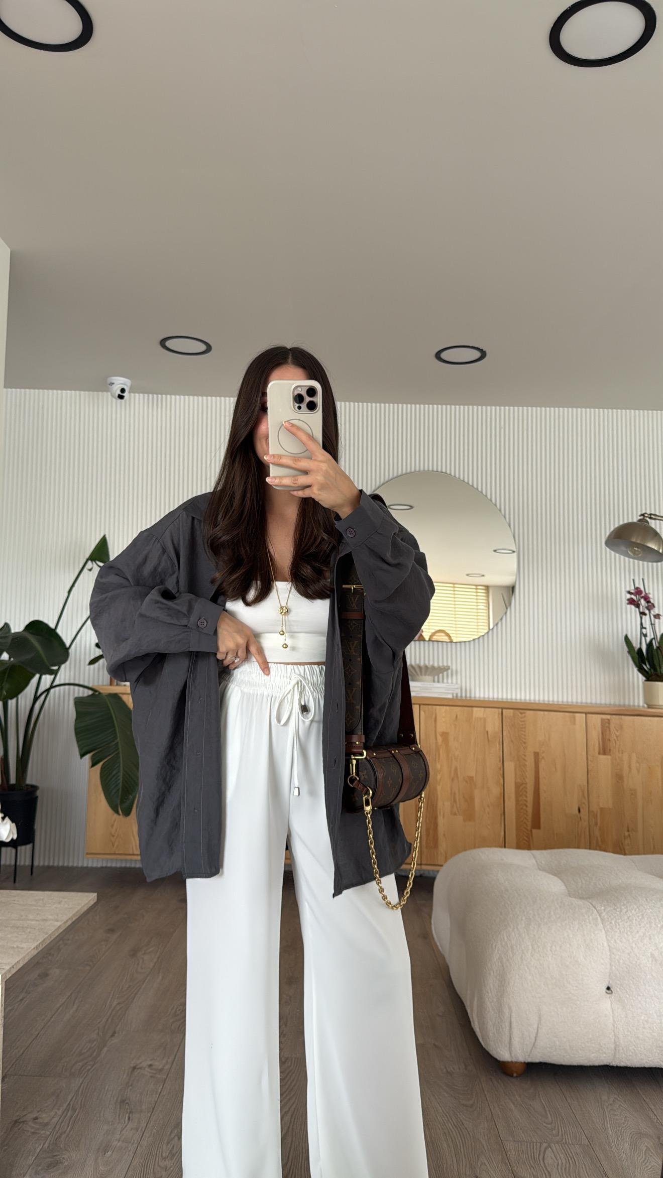 Antrasit Tensel Kumaş Düşük Omuzlu Oversize Gömlek