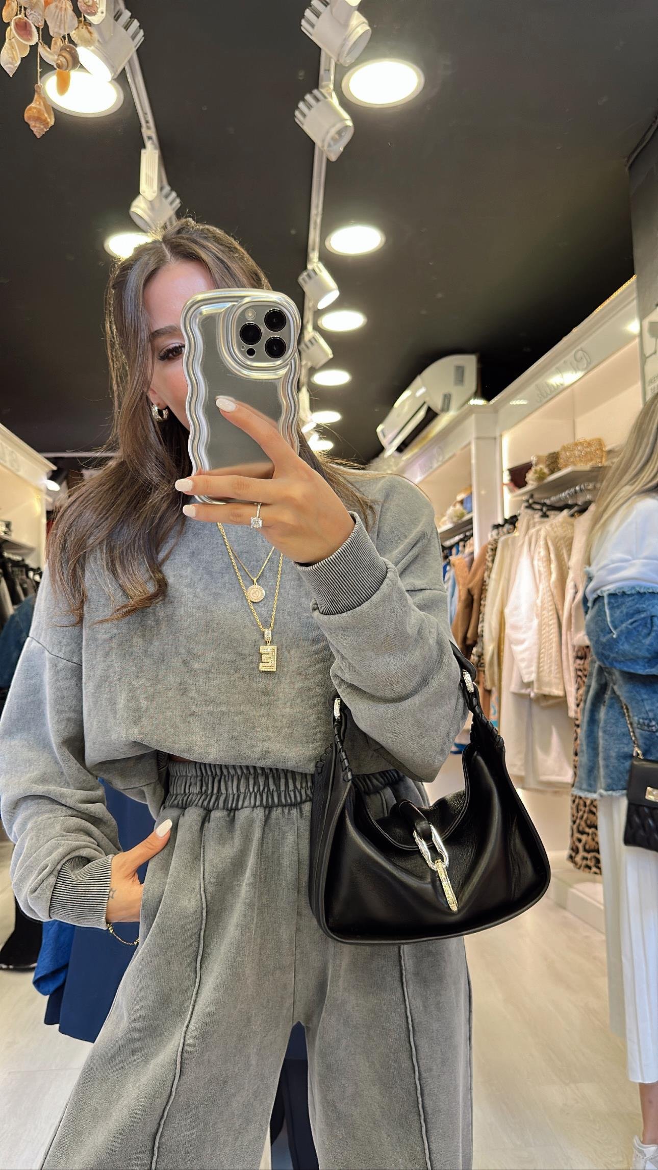 Antrasit Yıkamalı Beli Lastikli Crop Sweat