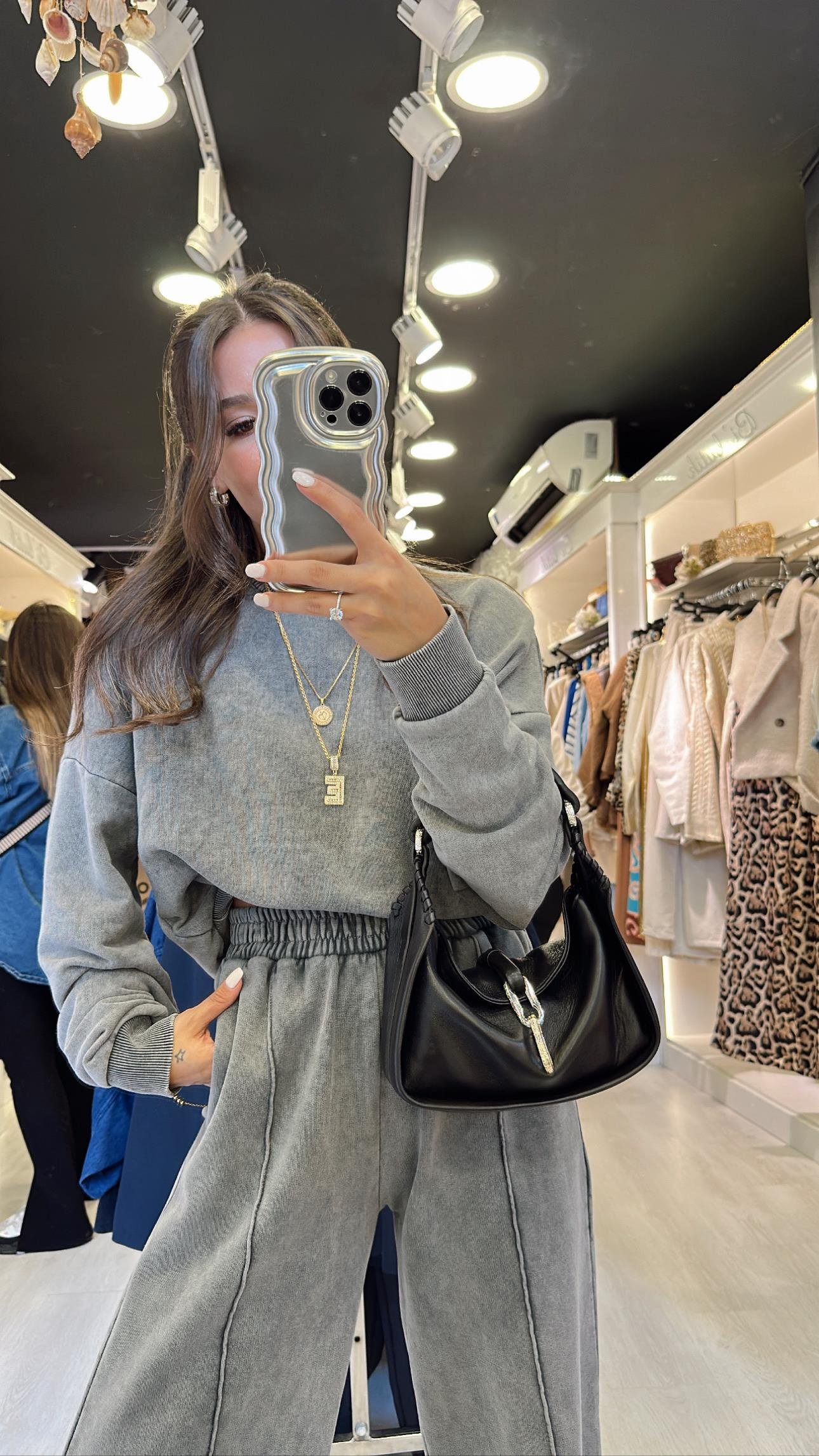 Antrasit Yıkamalı Beli Lastikli Crop Sweat