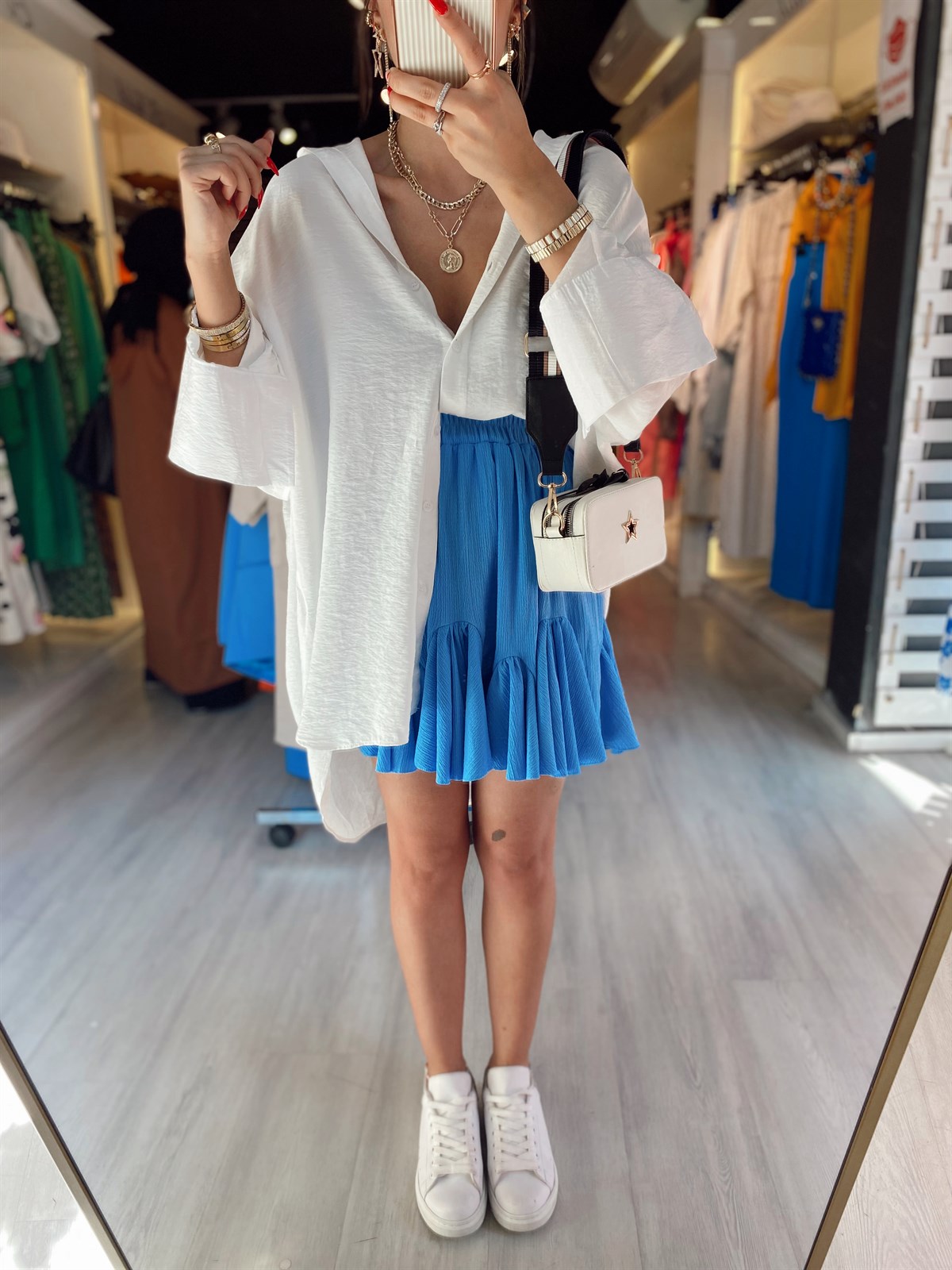 Bebe Mavi Krinkıl Kumaş Fırfırlı Etek