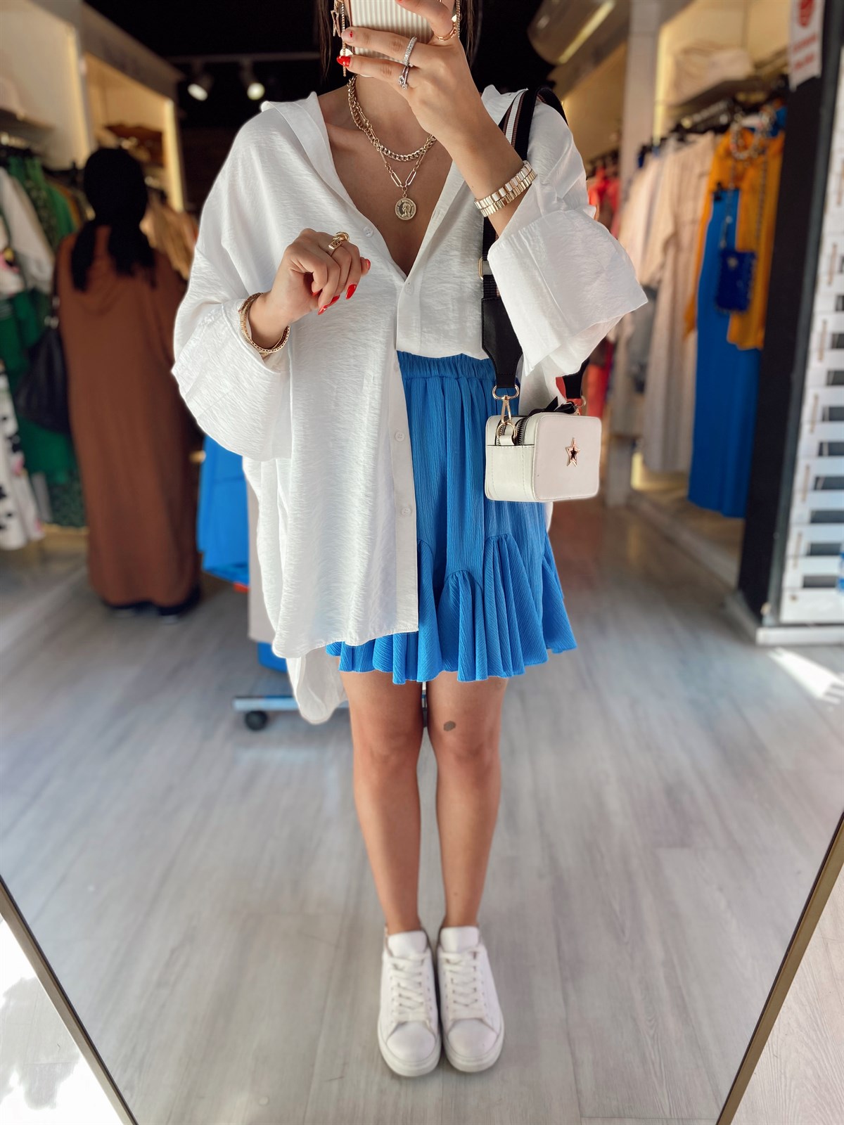 Bebe Mavi Krinkıl Kumaş Fırfırlı Etek