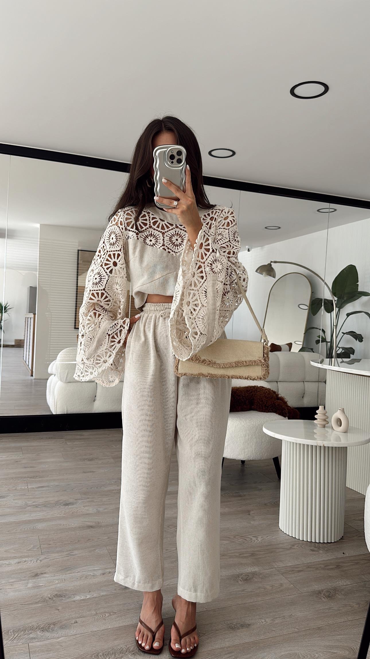 Bej Bel Bağcıklı Cep Detaylı Havuç Paça Keten Pantolon