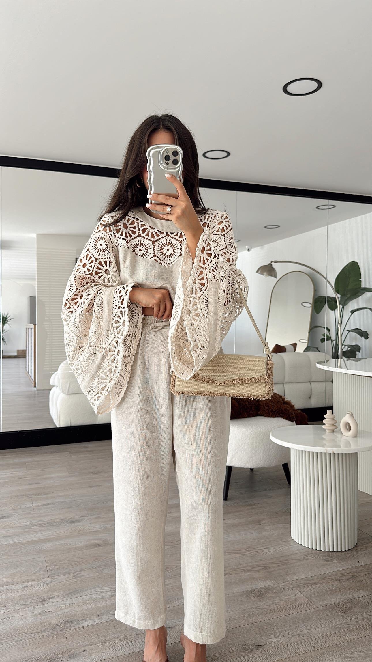 Bej Bel Bağcıklı Cep Detaylı Havuç Paça Keten Pantolon