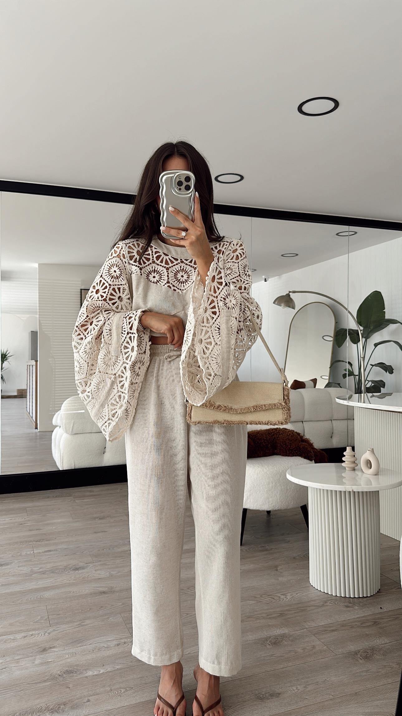 Bej Bel Bağcıklı Cep Detaylı Havuç Paça Keten Pantolon