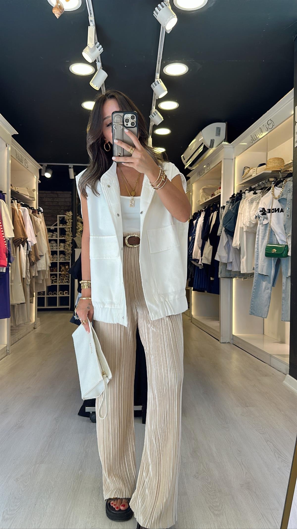 Bej Beli Lastikli Krinkıl Kumaş Pantolon 