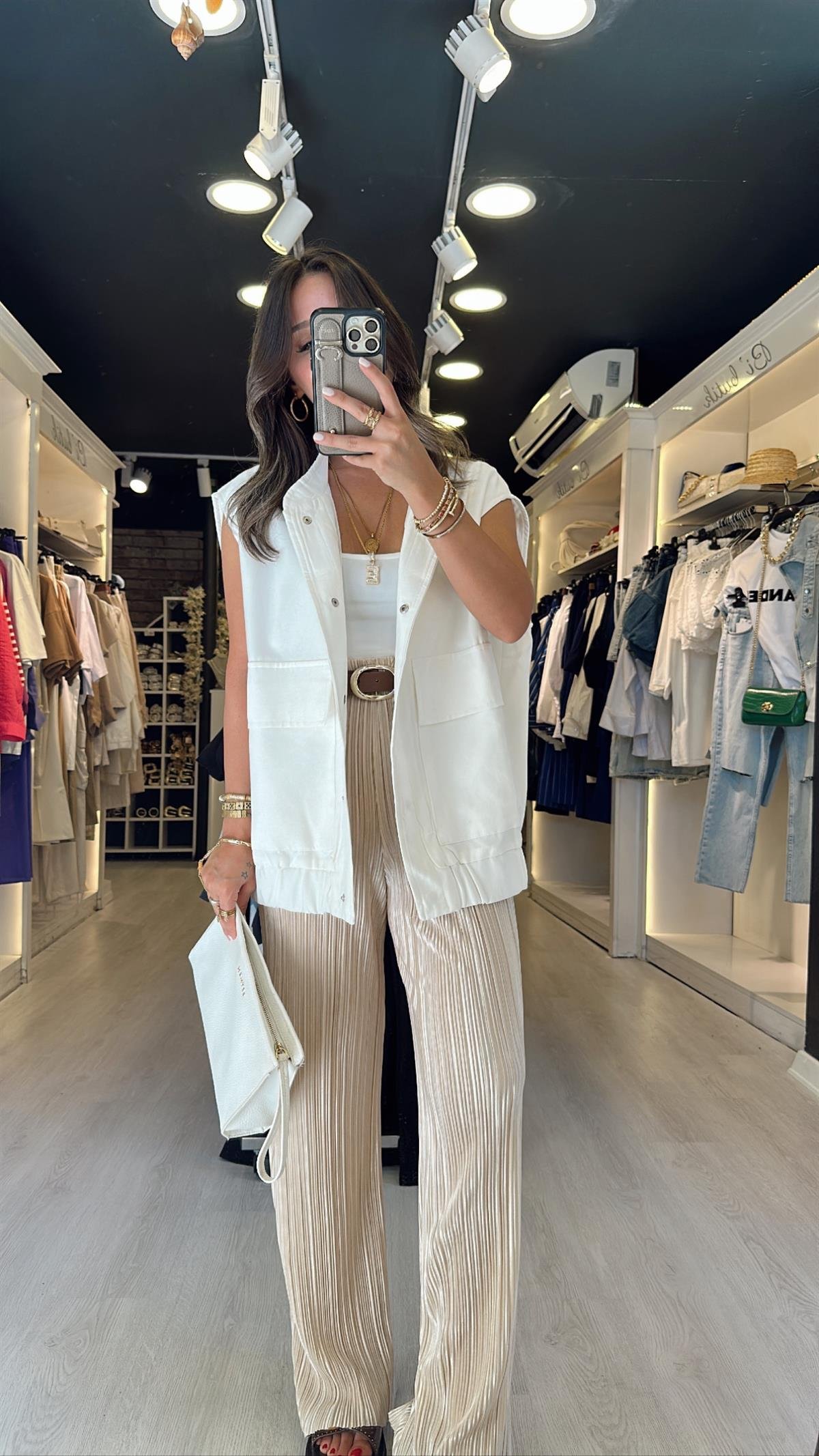 Bej Beli Lastikli Krinkıl Kumaş Pantolon 