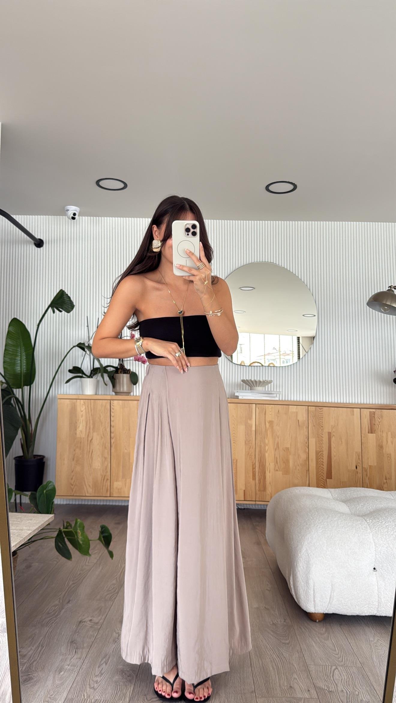 Bej Beli Lastikli Pareo Pantolon