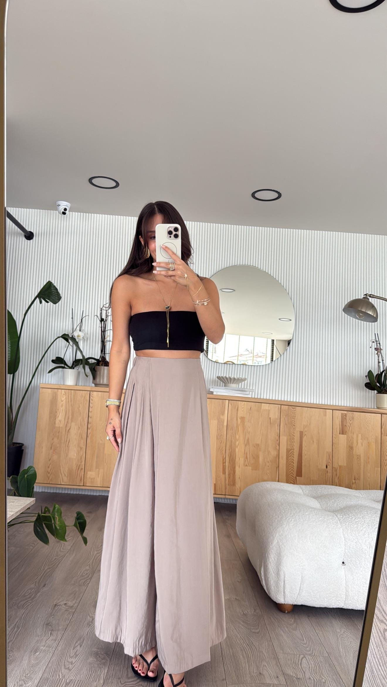 Bej Beli Lastikli Pareo Pantolon