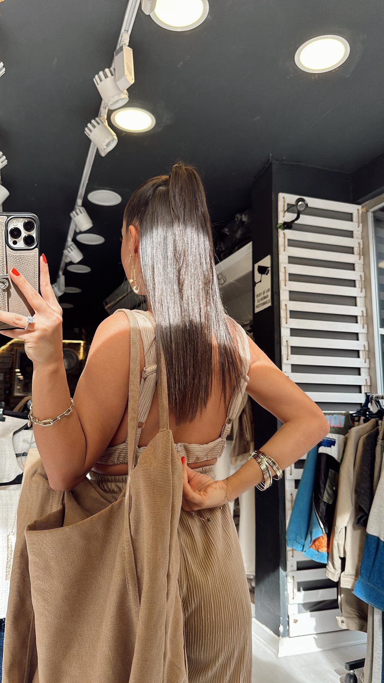 Bej Büstiyerli Krinkıl Crop Takım