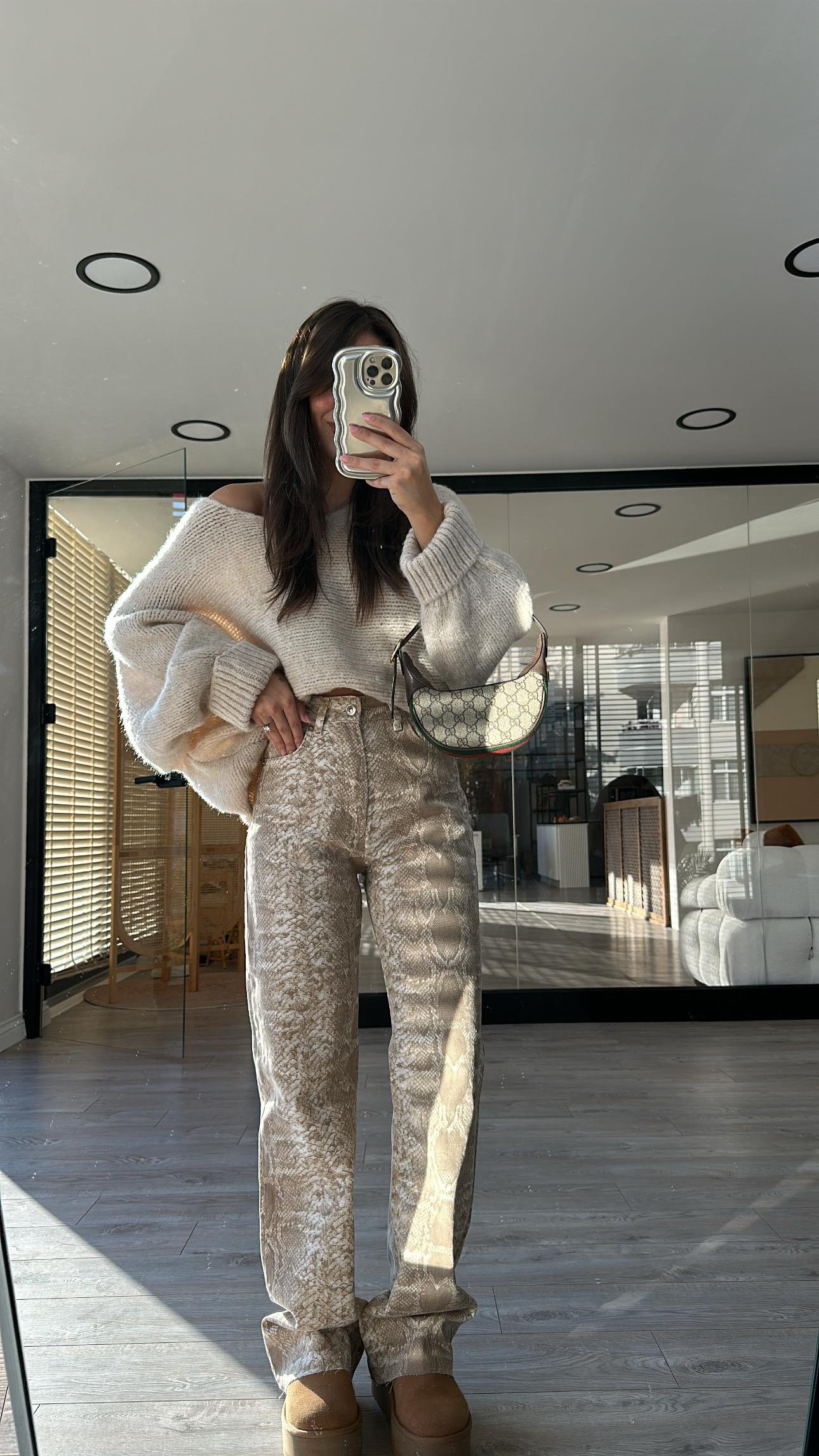 Bej Ekru Yılan Desenli Marka Model Straight Fit Jean