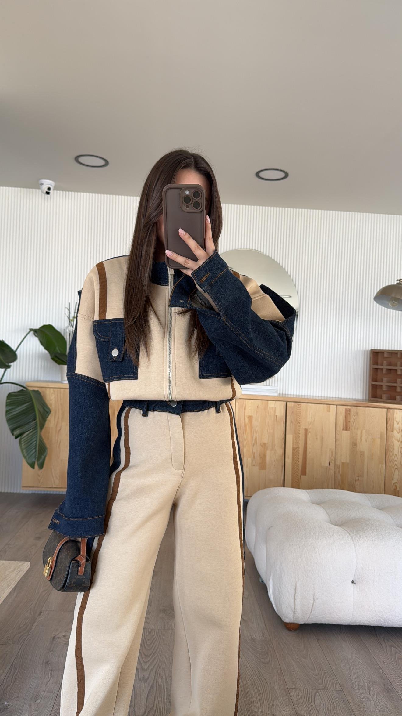 Bej Kargo Cepli Şeritli Denim Takım 