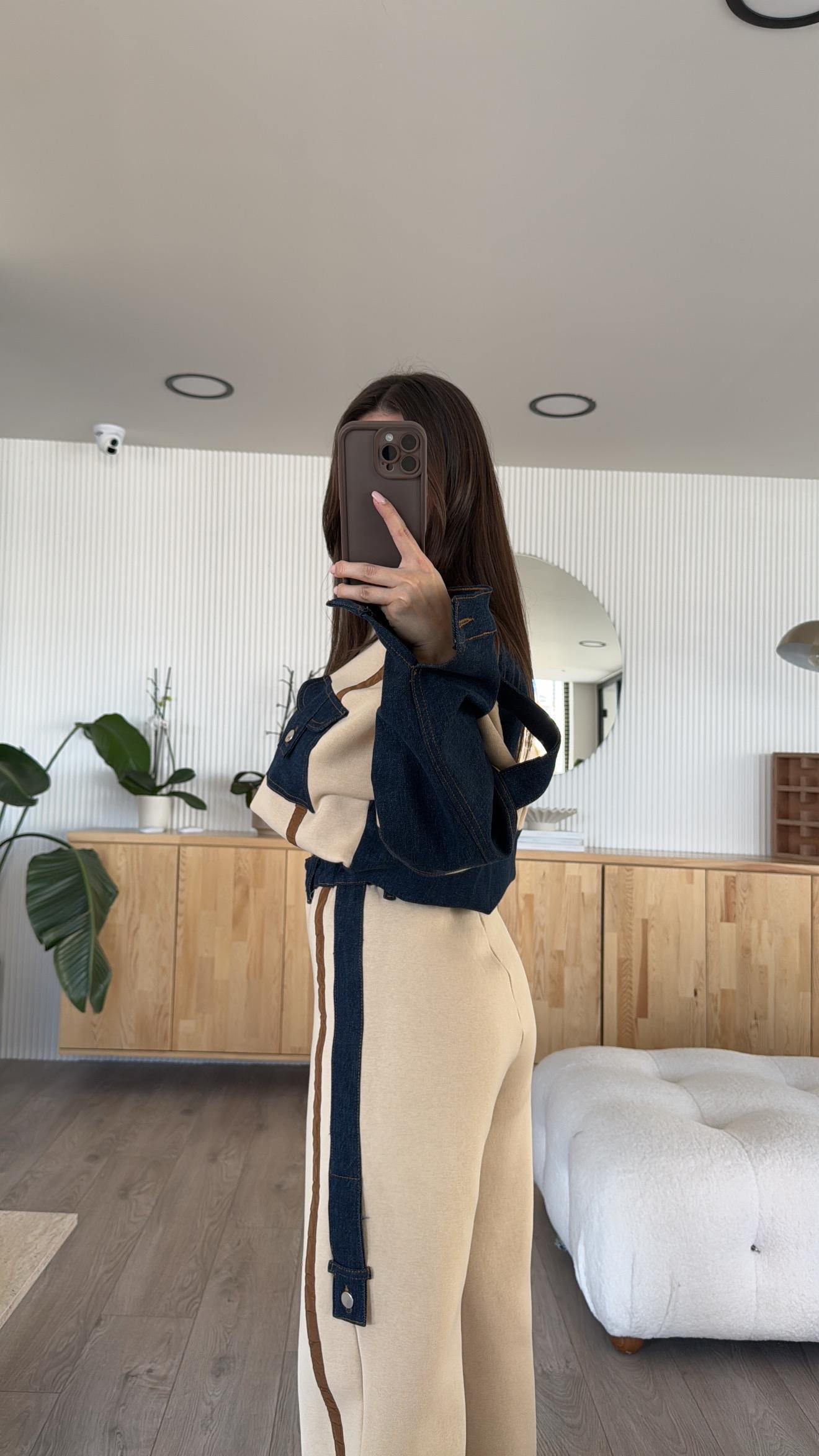 Bej Kargo Cepli Şeritli Denim Takım 