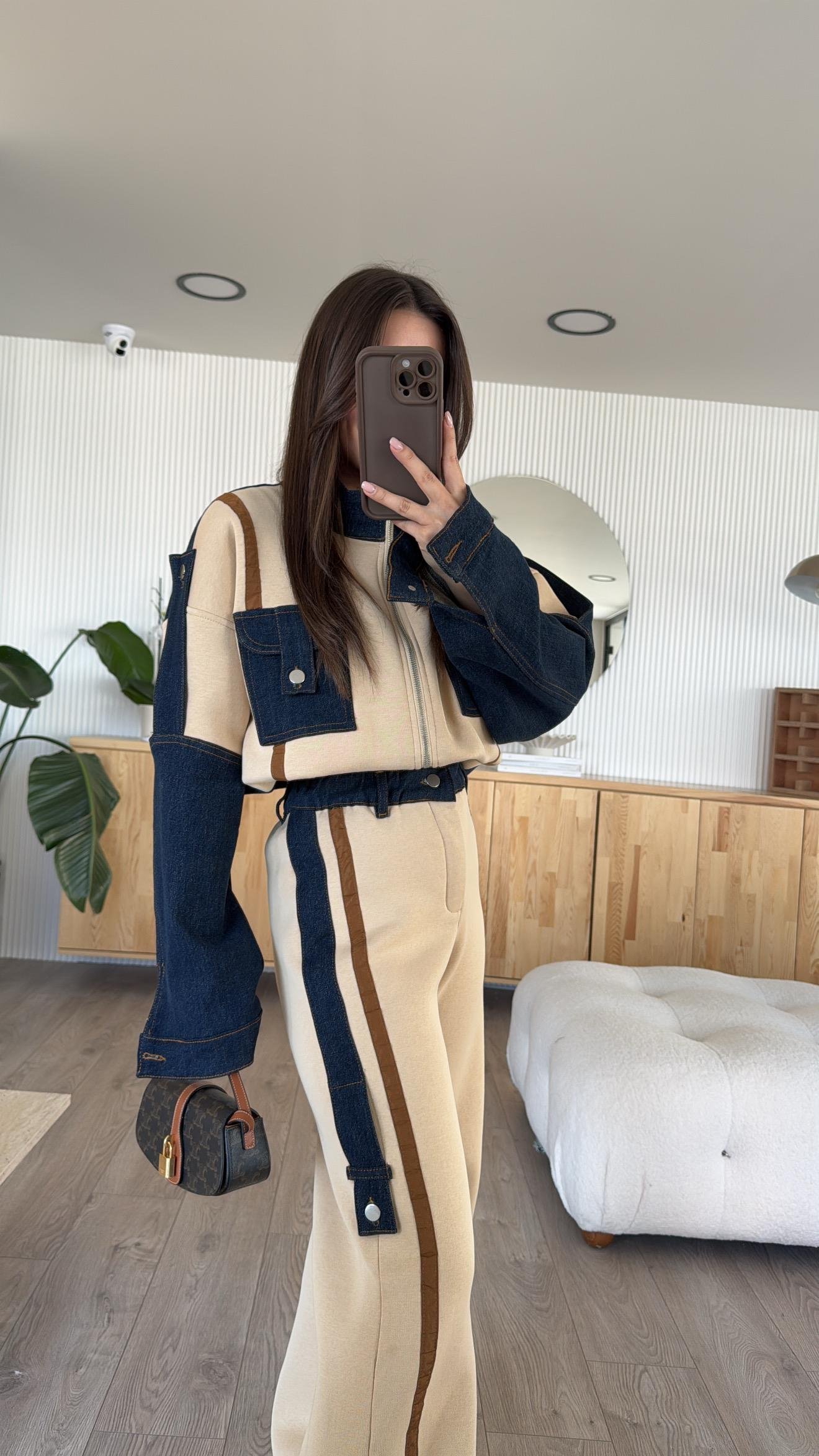 Bej Kargo Cepli Şeritli Denim Takım 