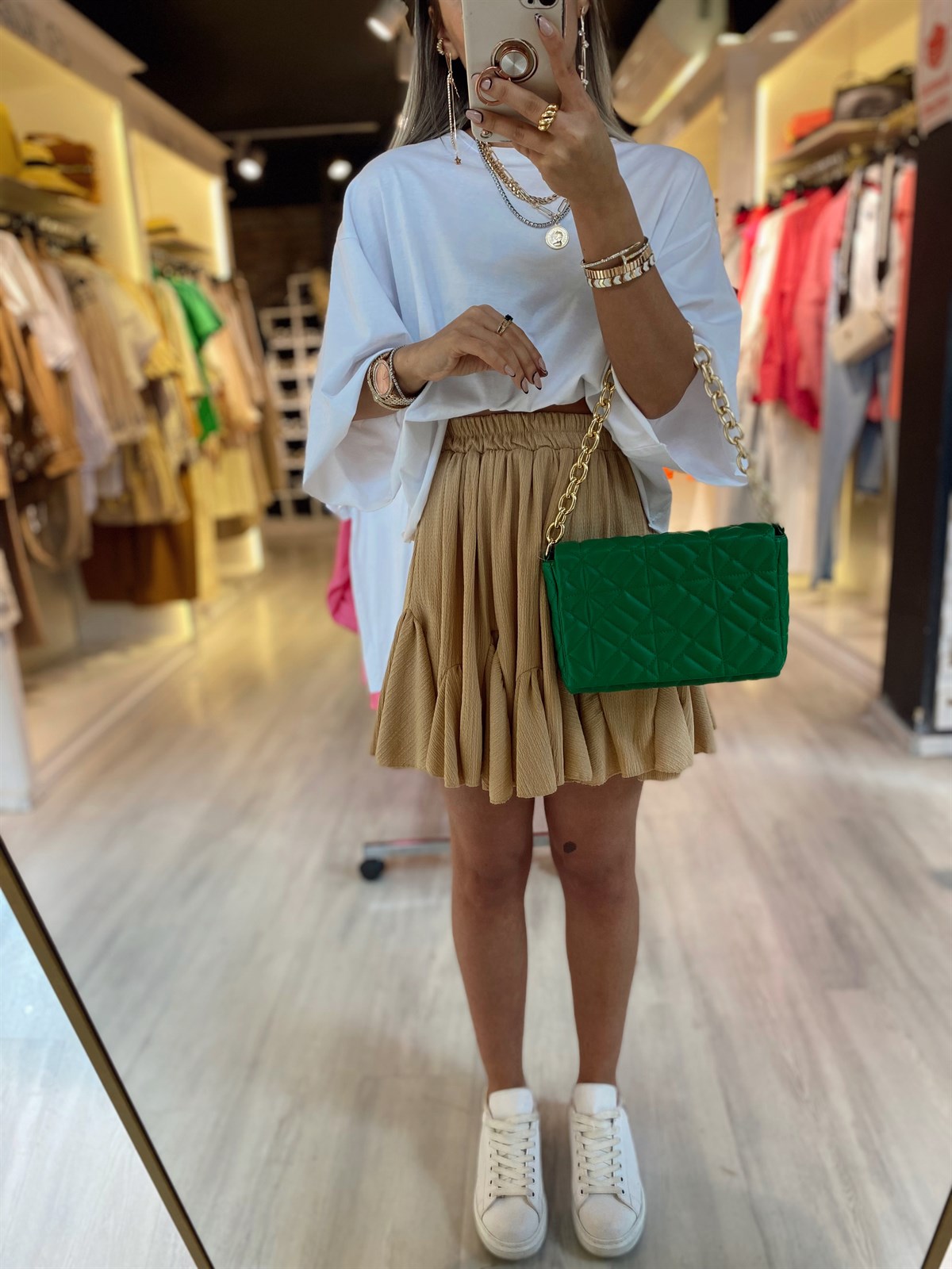 Bej Krinkıl Kumaş Fırfırlı Etek