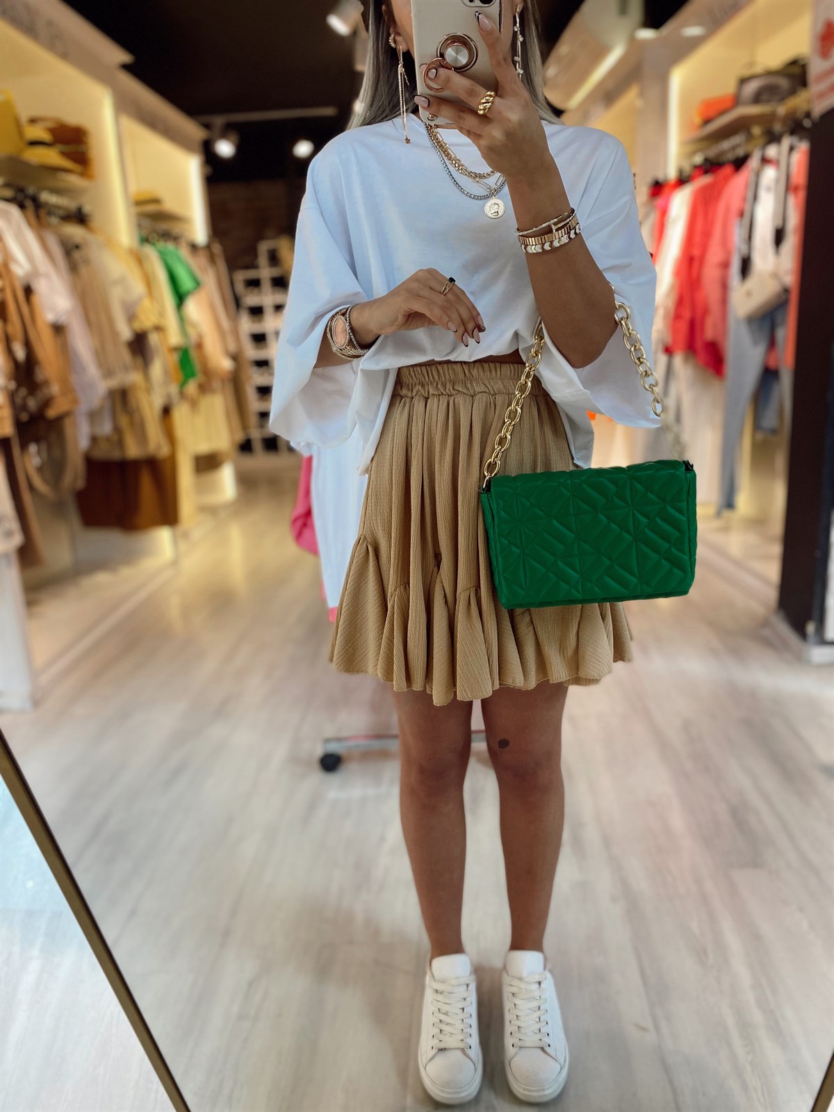 Bej Krinkıl Kumaş Fırfırlı Etek