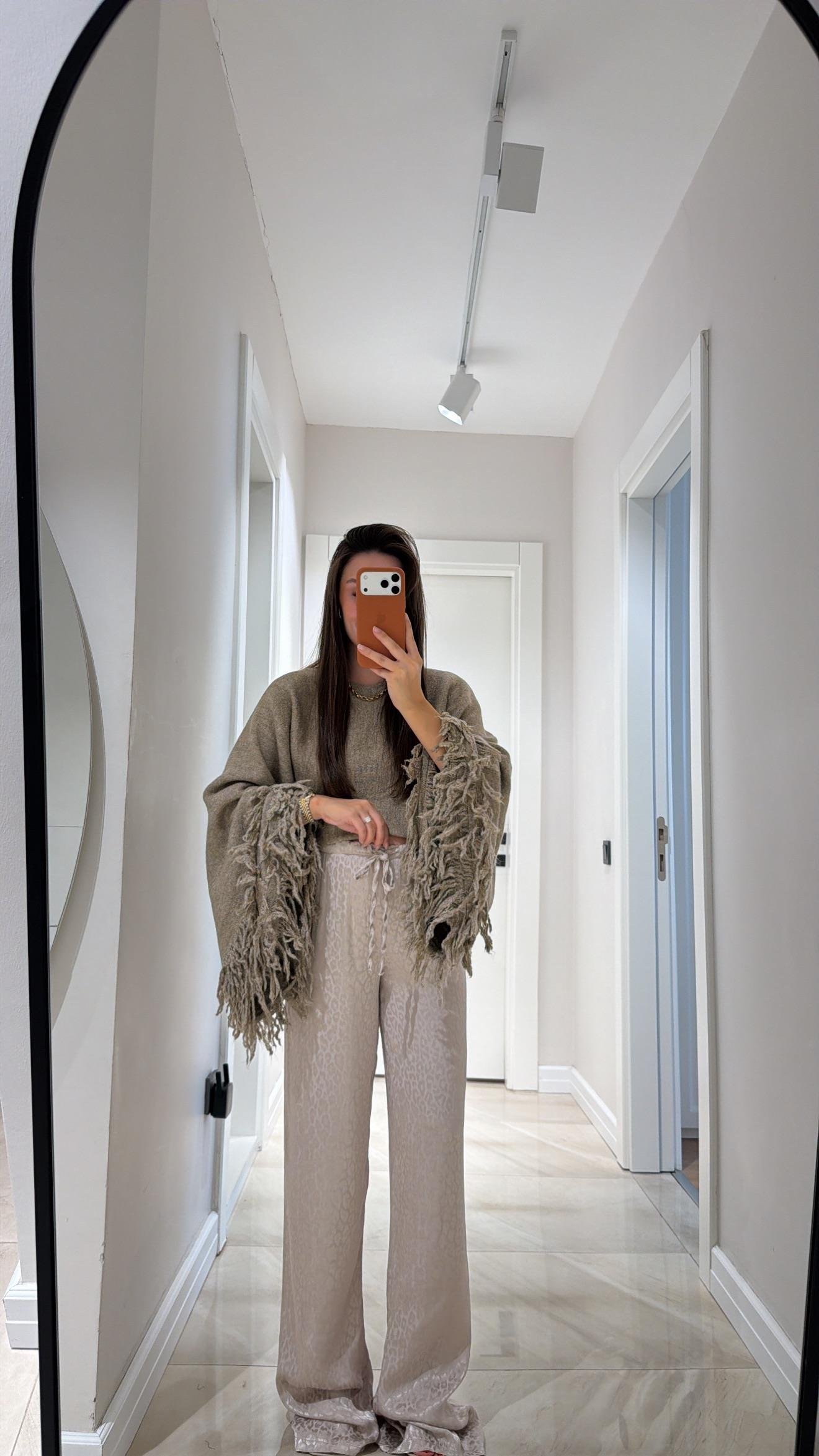 Bej Leopar Desenli Jakarlı Bol Paça Pantolon