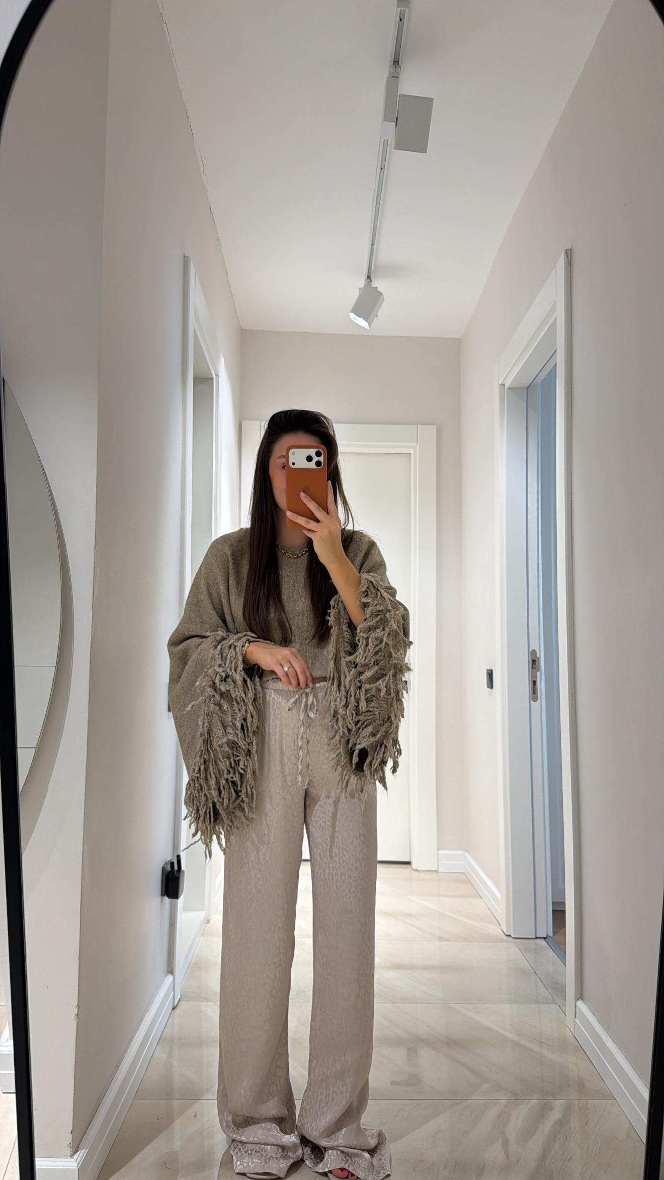 Bej Leopar Desenli Jakarlı Bol Paça Pantolon