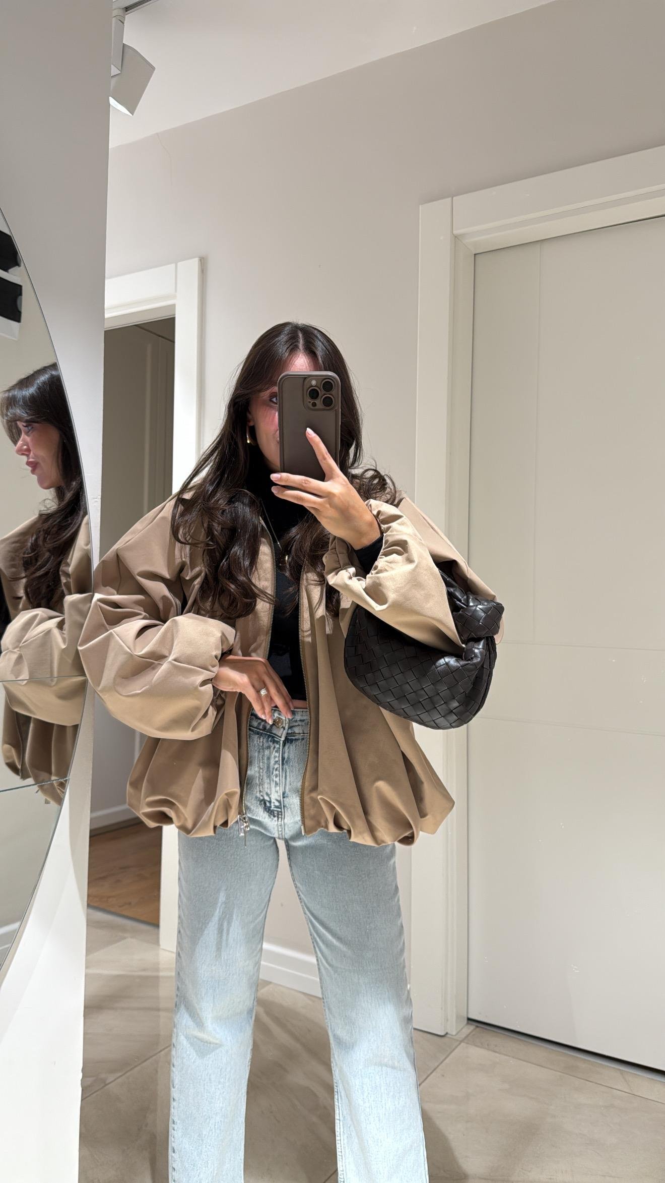 Bej Ön Fermuarlı Balon Ceket