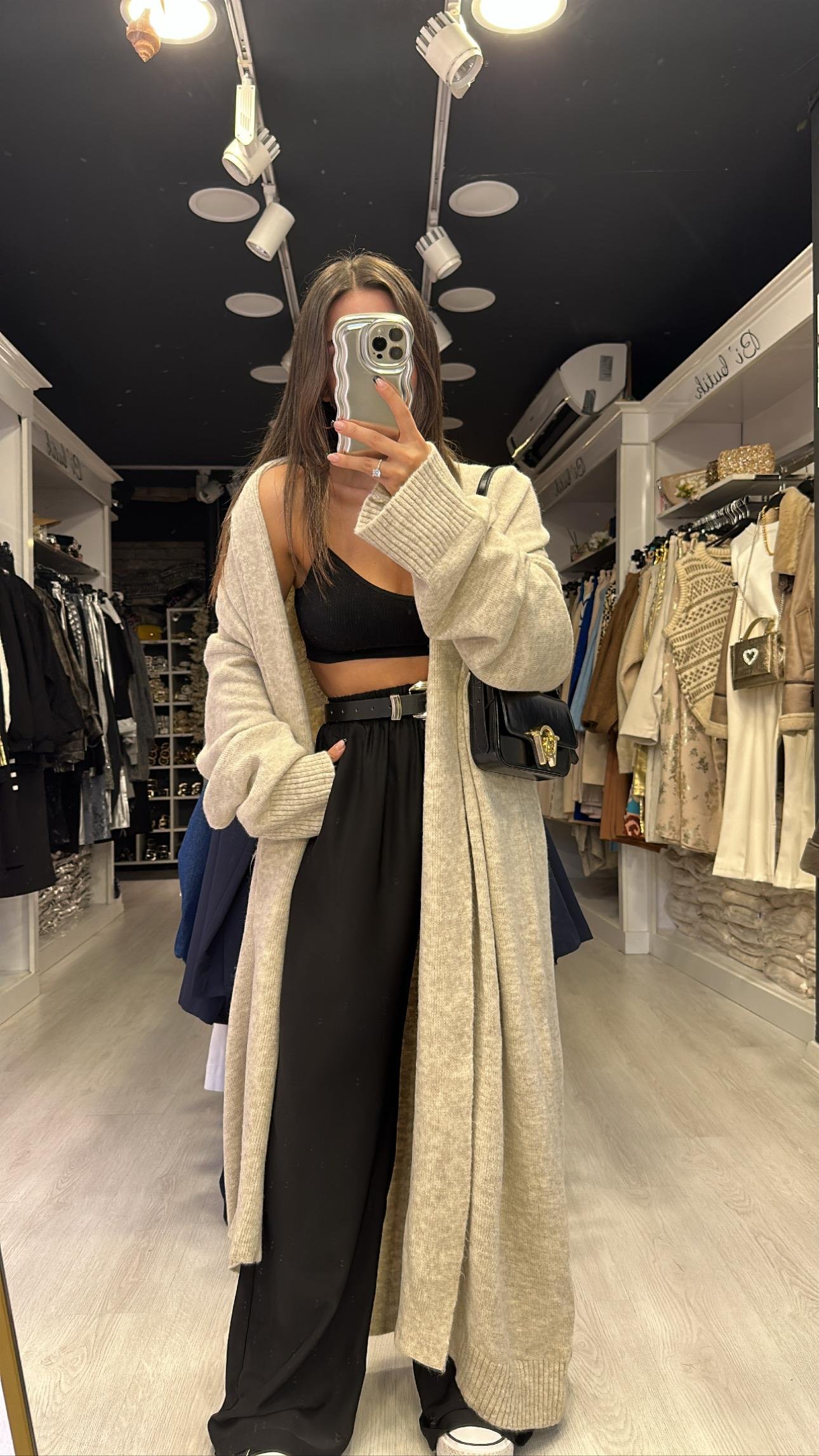 Bej Önü Açık Şal Yaka Uzun Hırka 