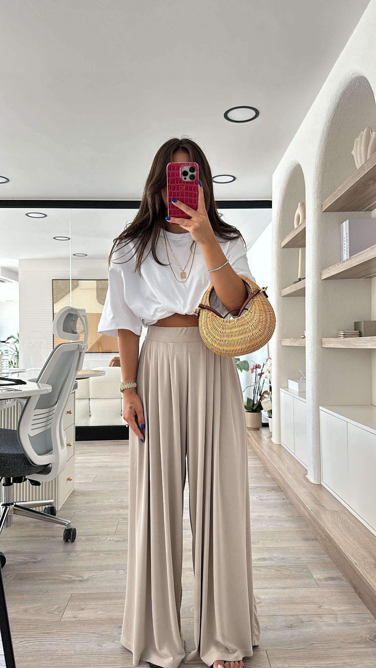 Bej Pileli Modal Kumaş Bol Pantolon 