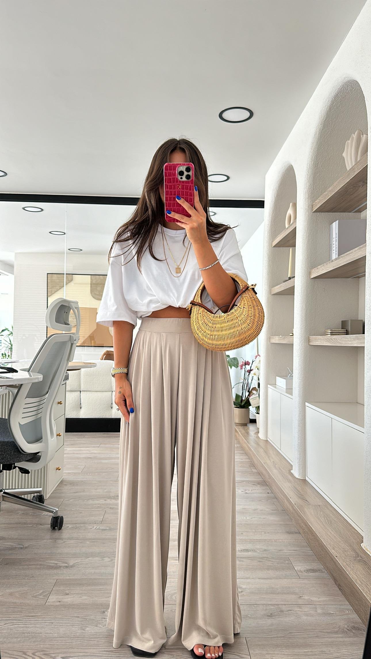 Bej Pileli Modal Kumaş Bol Pantolon 