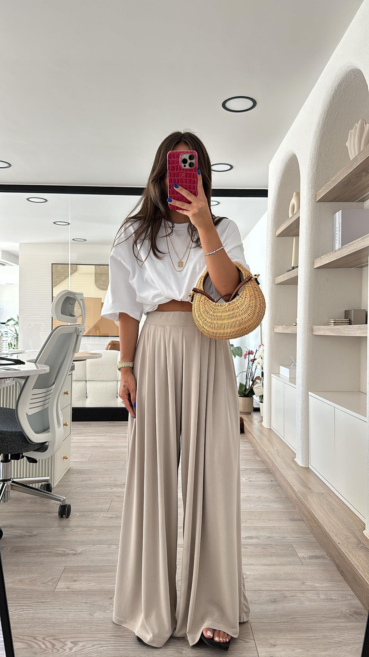 Bej Pileli Modal Kumaş Bol Pantolon 