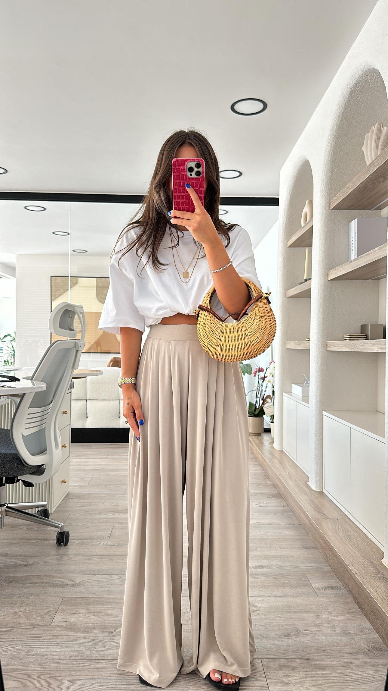 Bej Pileli Modal Kumaş Bol Pantolon 