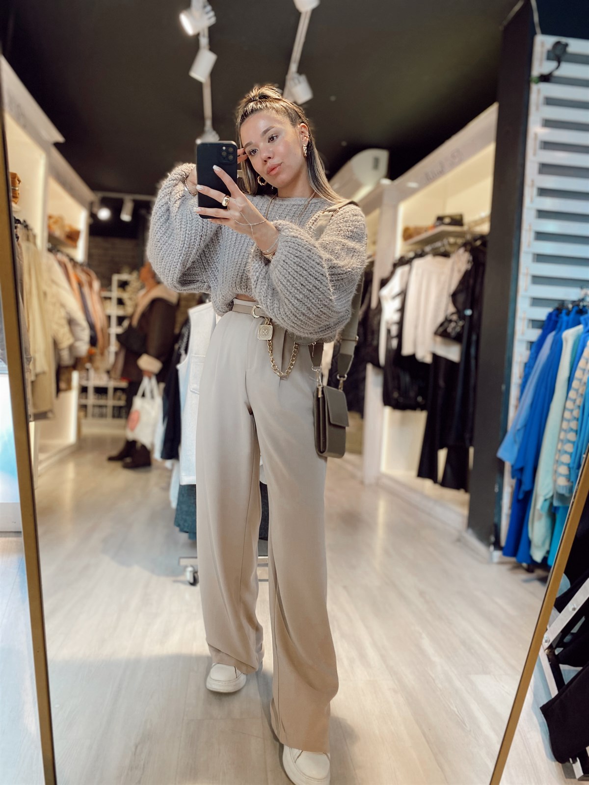 Bej Renk Beli Lastikli Krep Kumaş Palazzo Pantolon