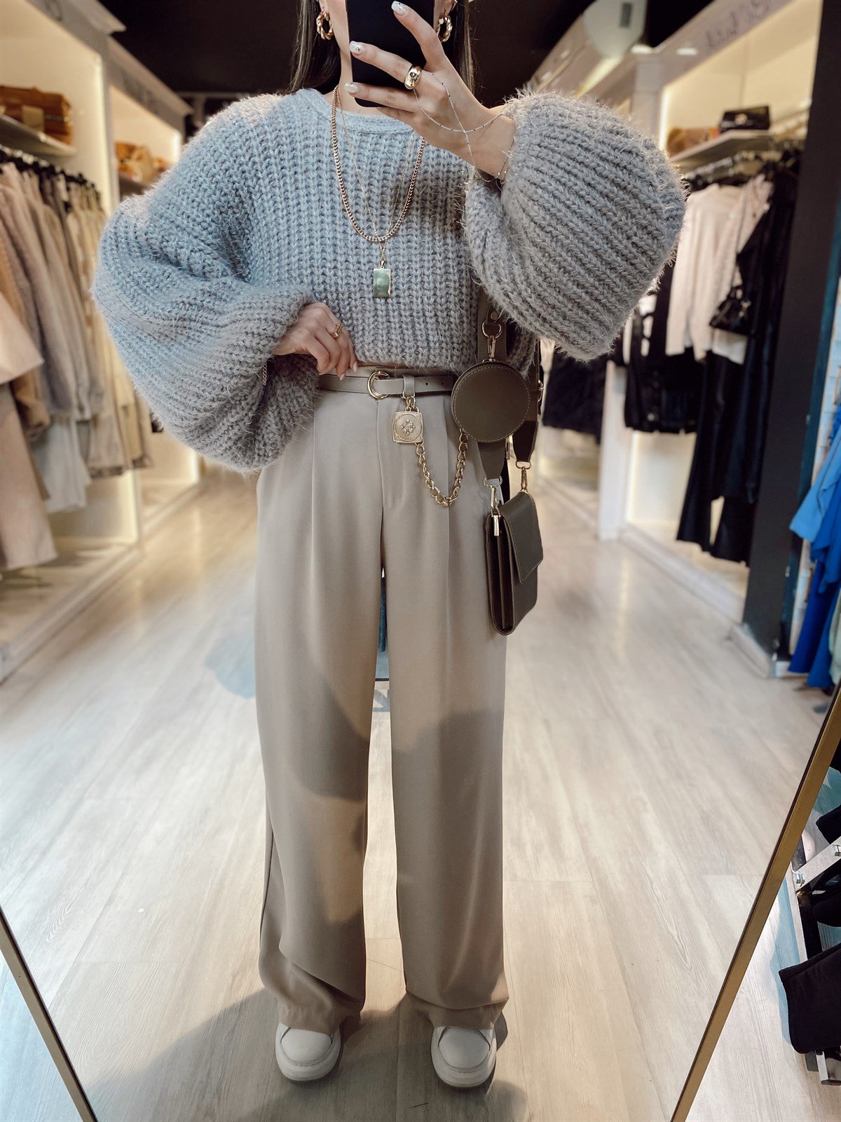 Bej Renk Beli Lastikli Krep Kumaş Palazzo Pantolon