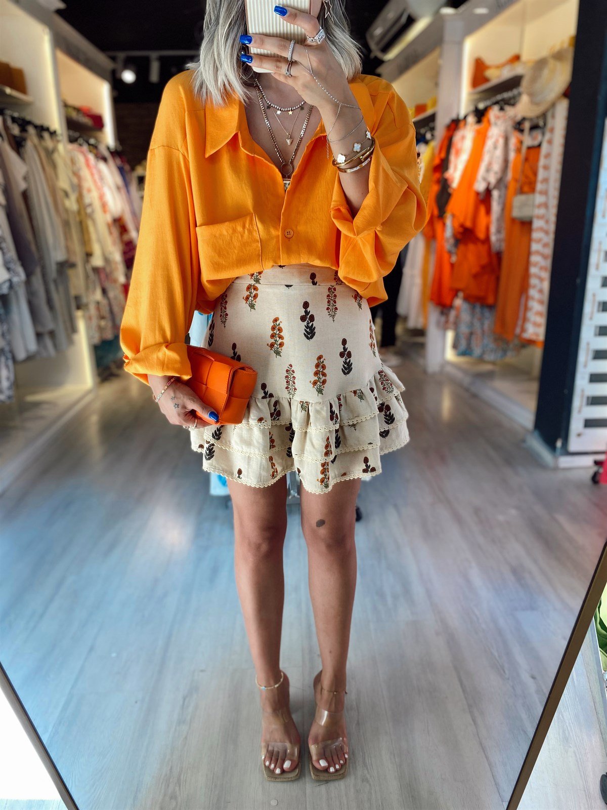 Bej Renk Çiçek Desenli Fırfırlı Keten Etek 