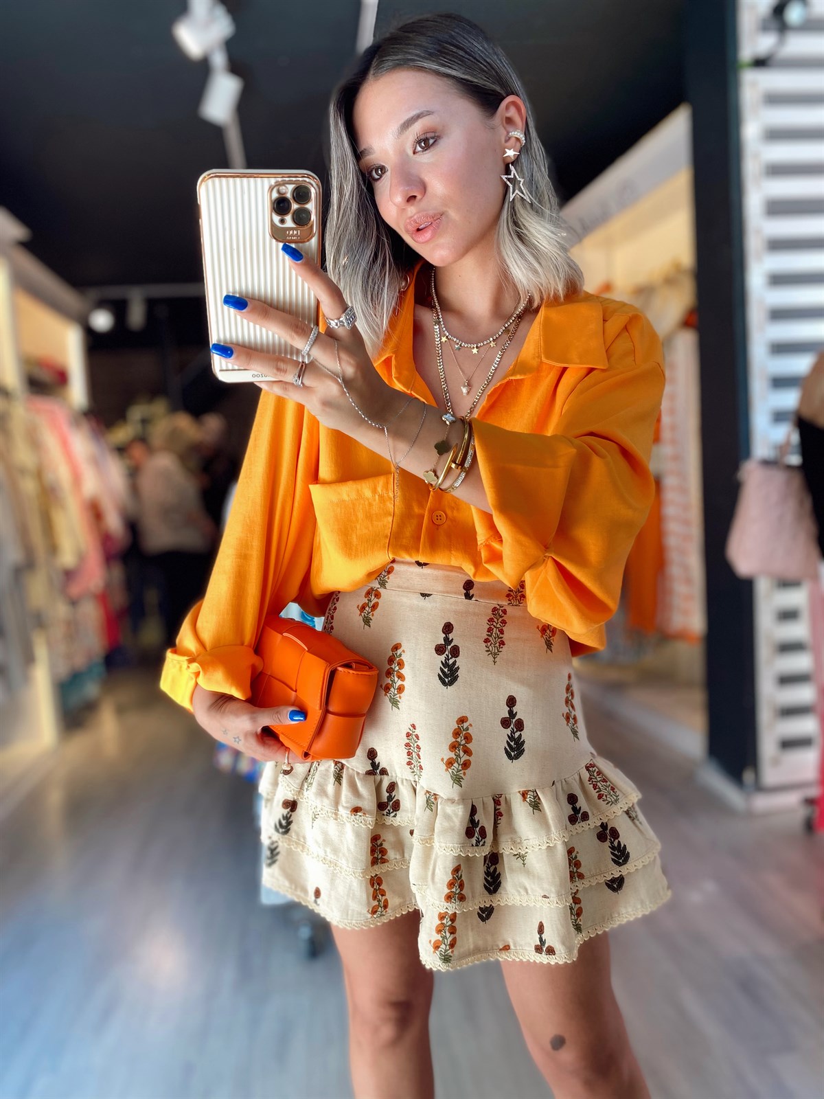 Bej Renk Çiçek Desenli Fırfırlı Keten Etek 