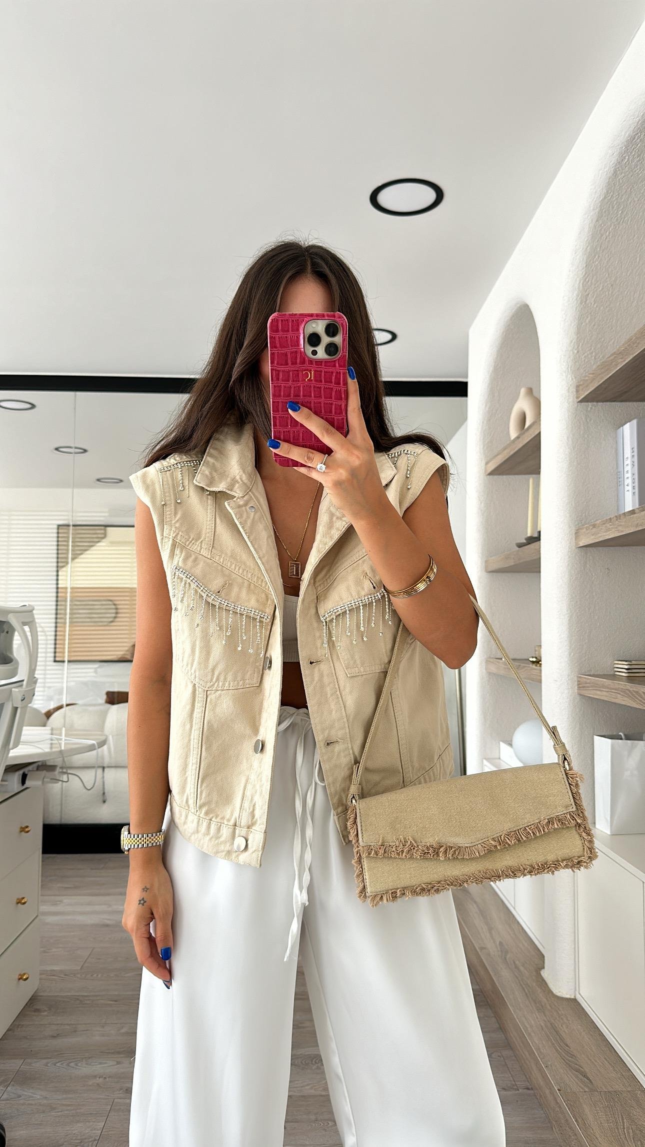 Bej Renk Taş Detaylı Kot Yelek