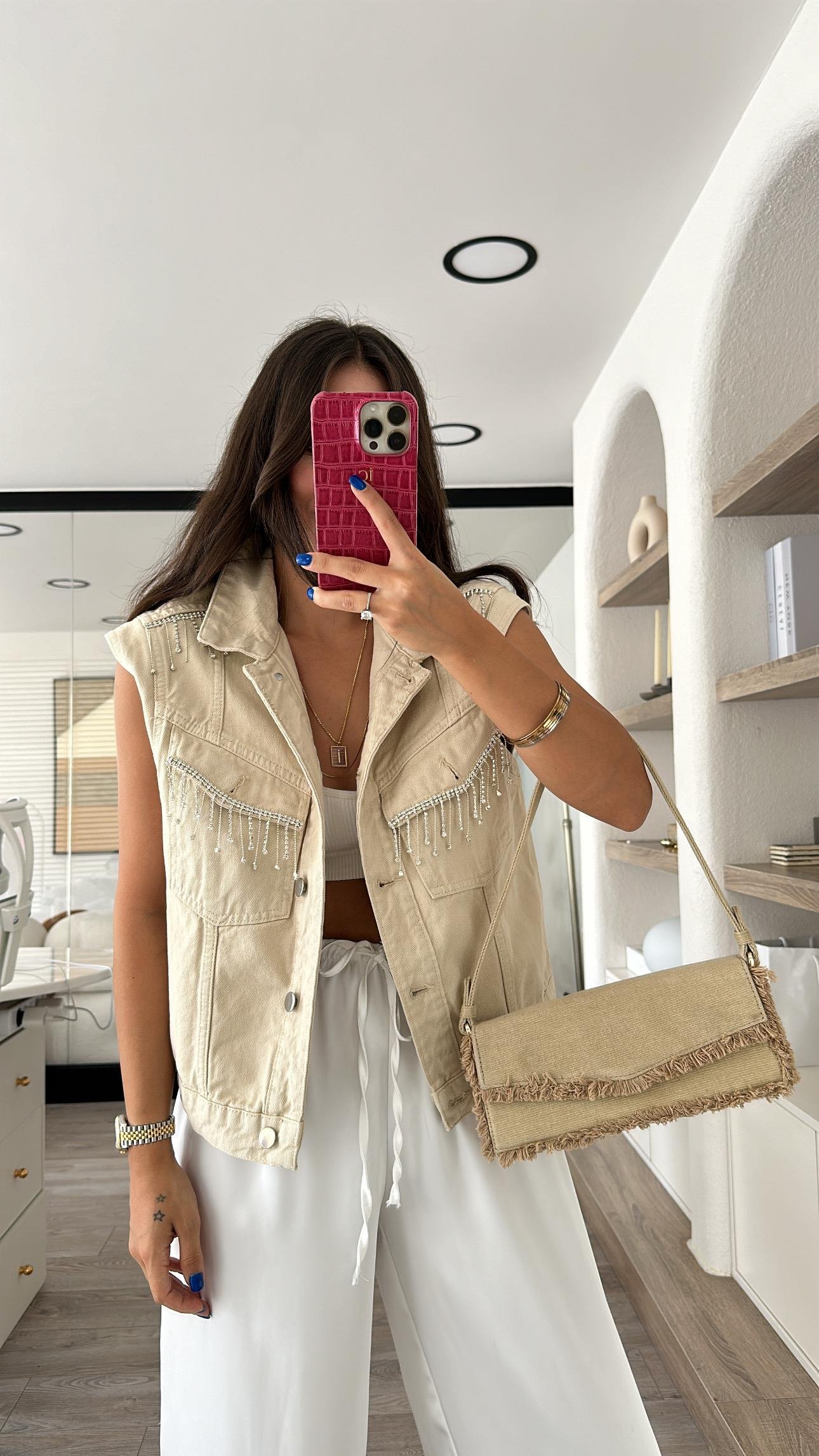 Bej Renk Taş Detaylı Kot Yelek