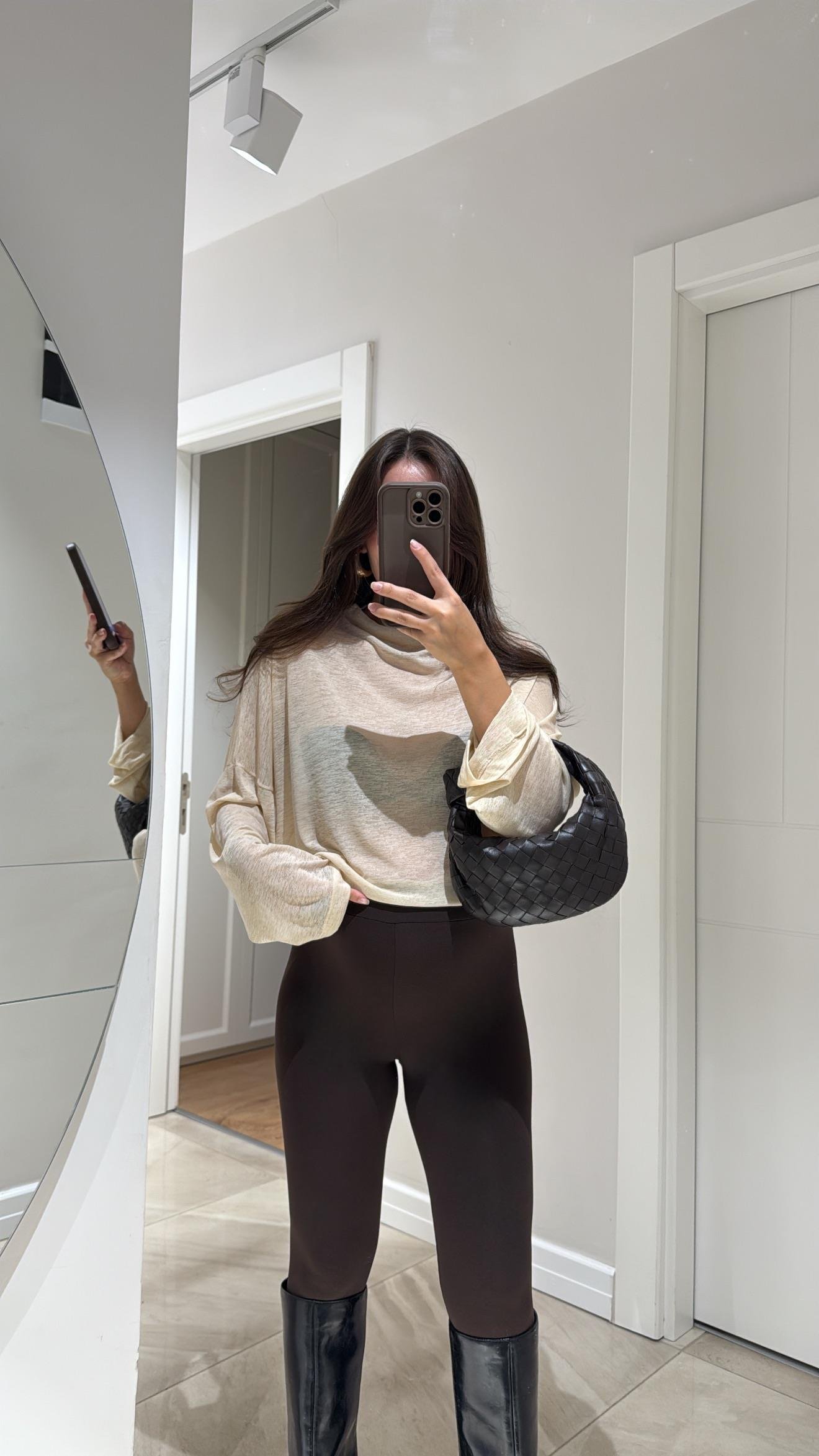 Bej Yarım Balıkçı Transparan bluz 