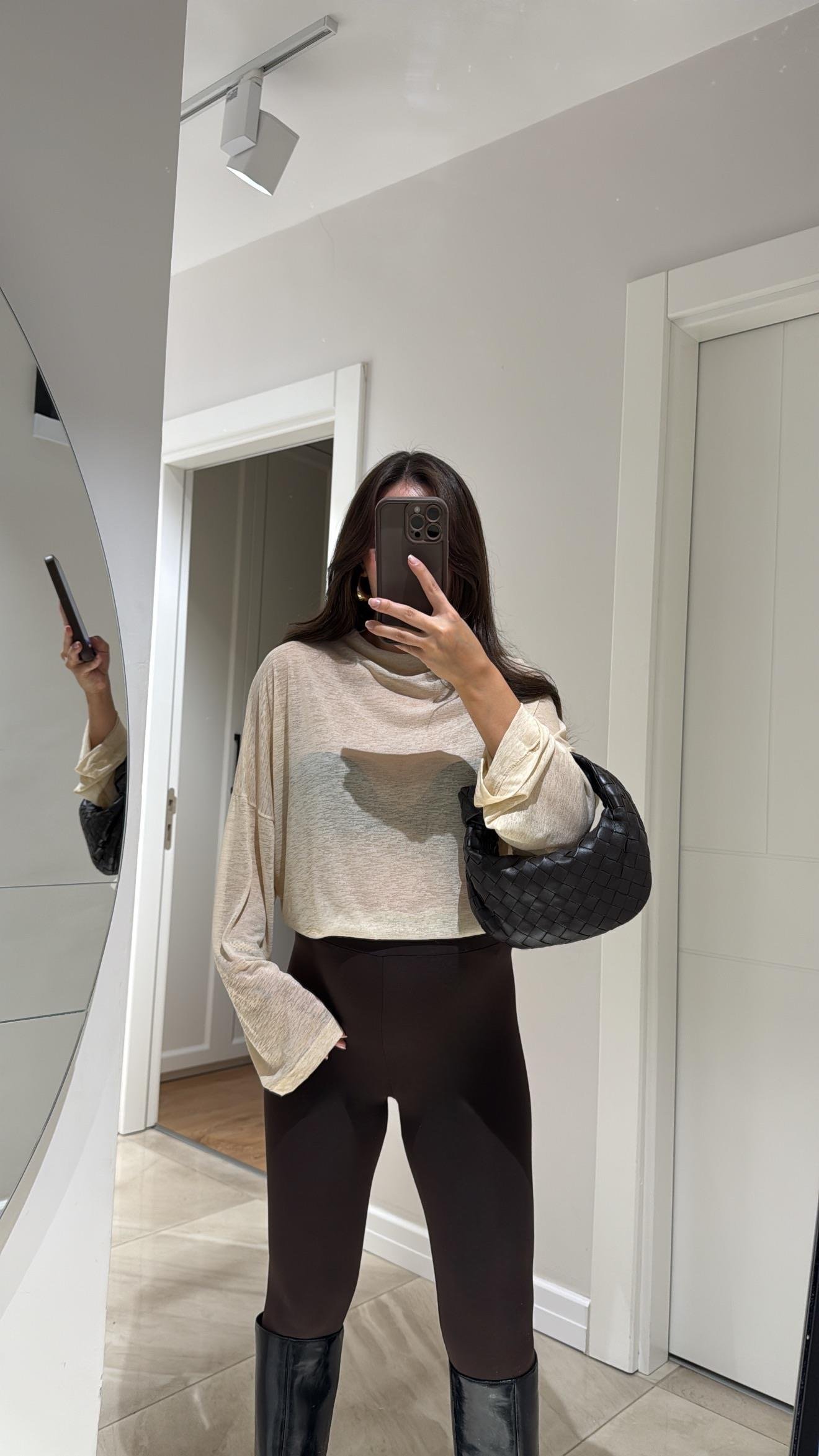 Bej Yarım Balıkçı Transparan bluz 