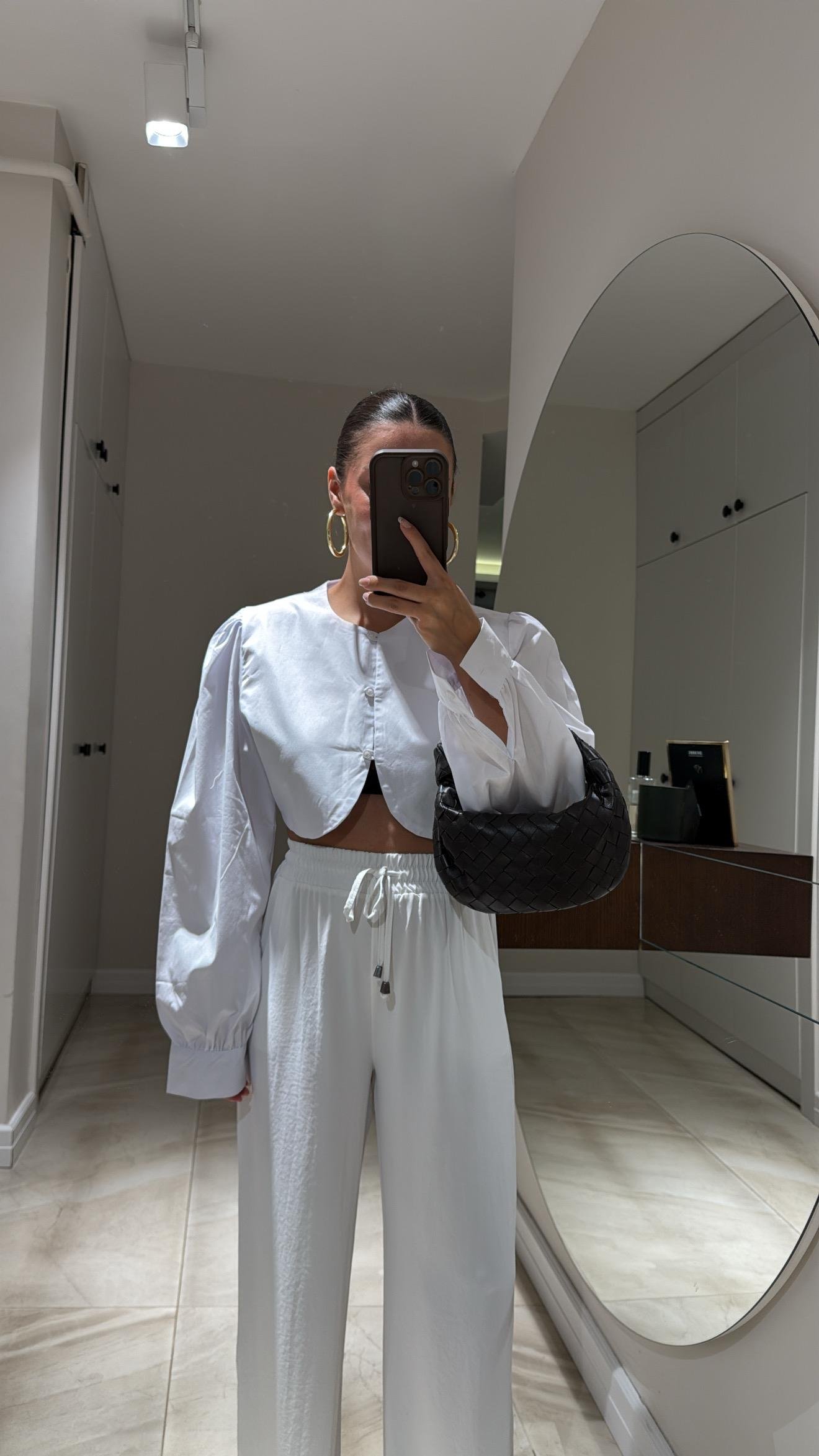 Yeşil Bel Detaylı Düğmeli Crop Gömlek